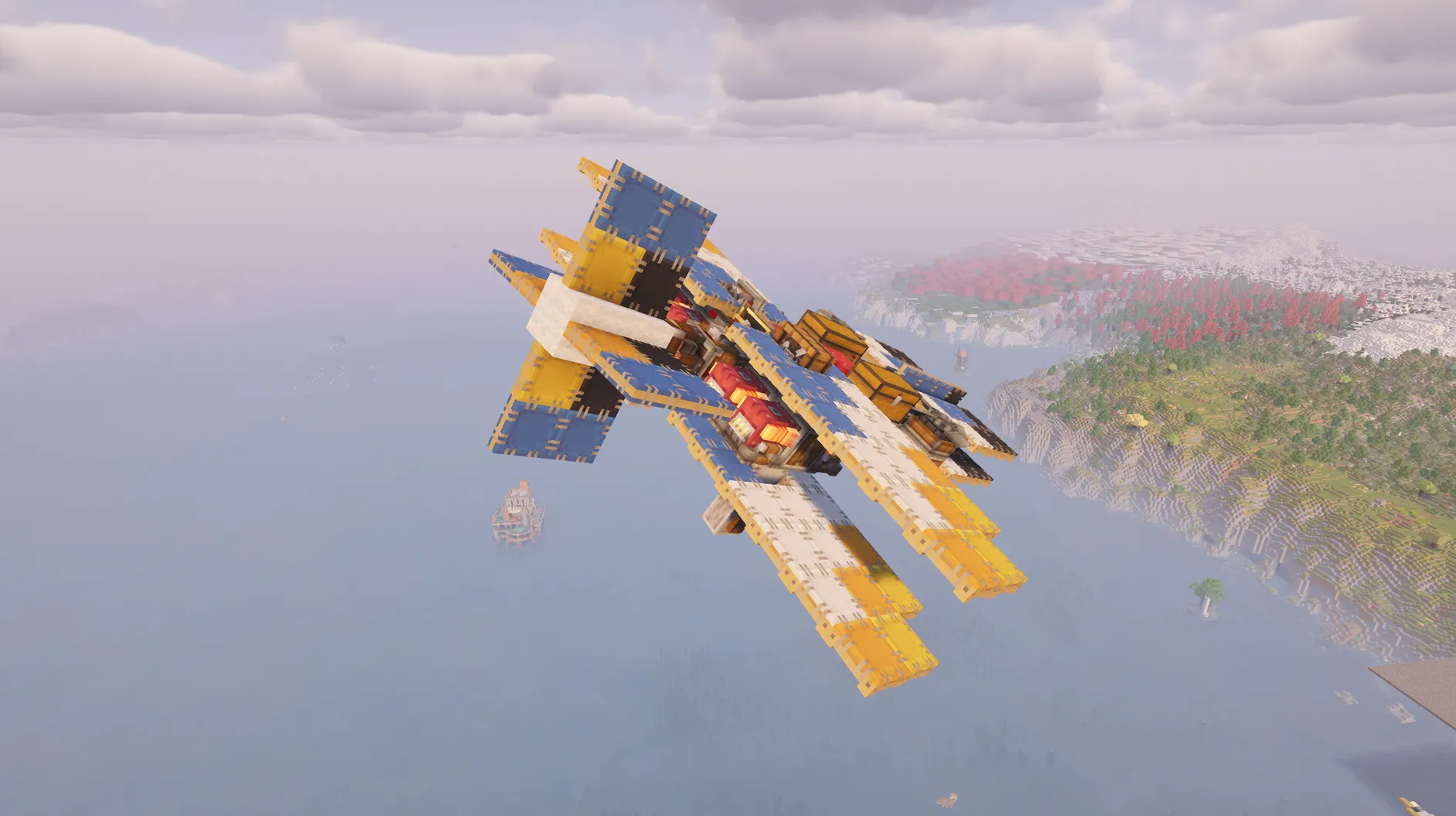 A small aircraft soaring over a scenic coastline with lush green cliffs