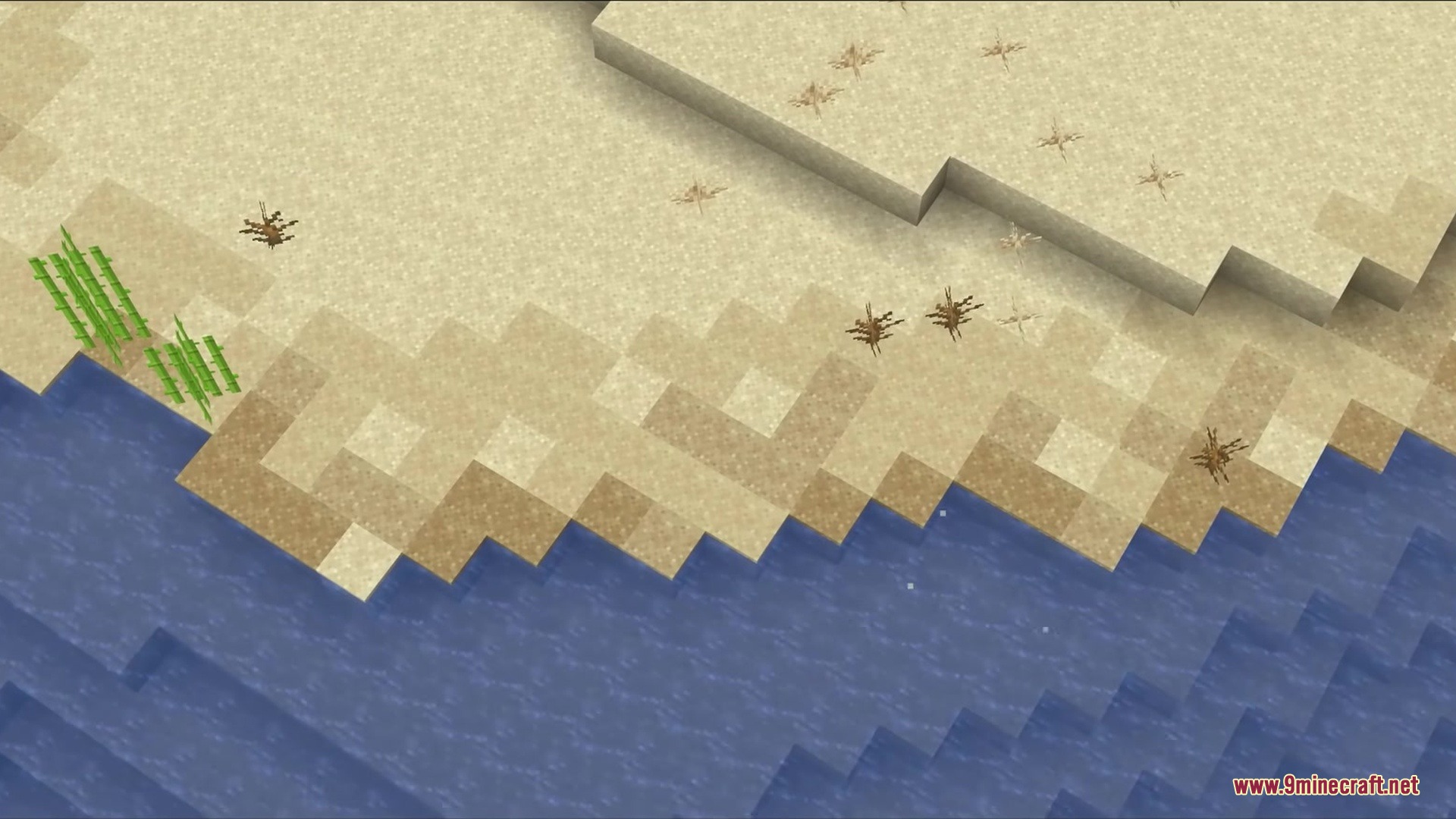 Wet Sand Mod Screenshot 1 Wet sand blocks forming a realistic color gradient along the Minecraft beach