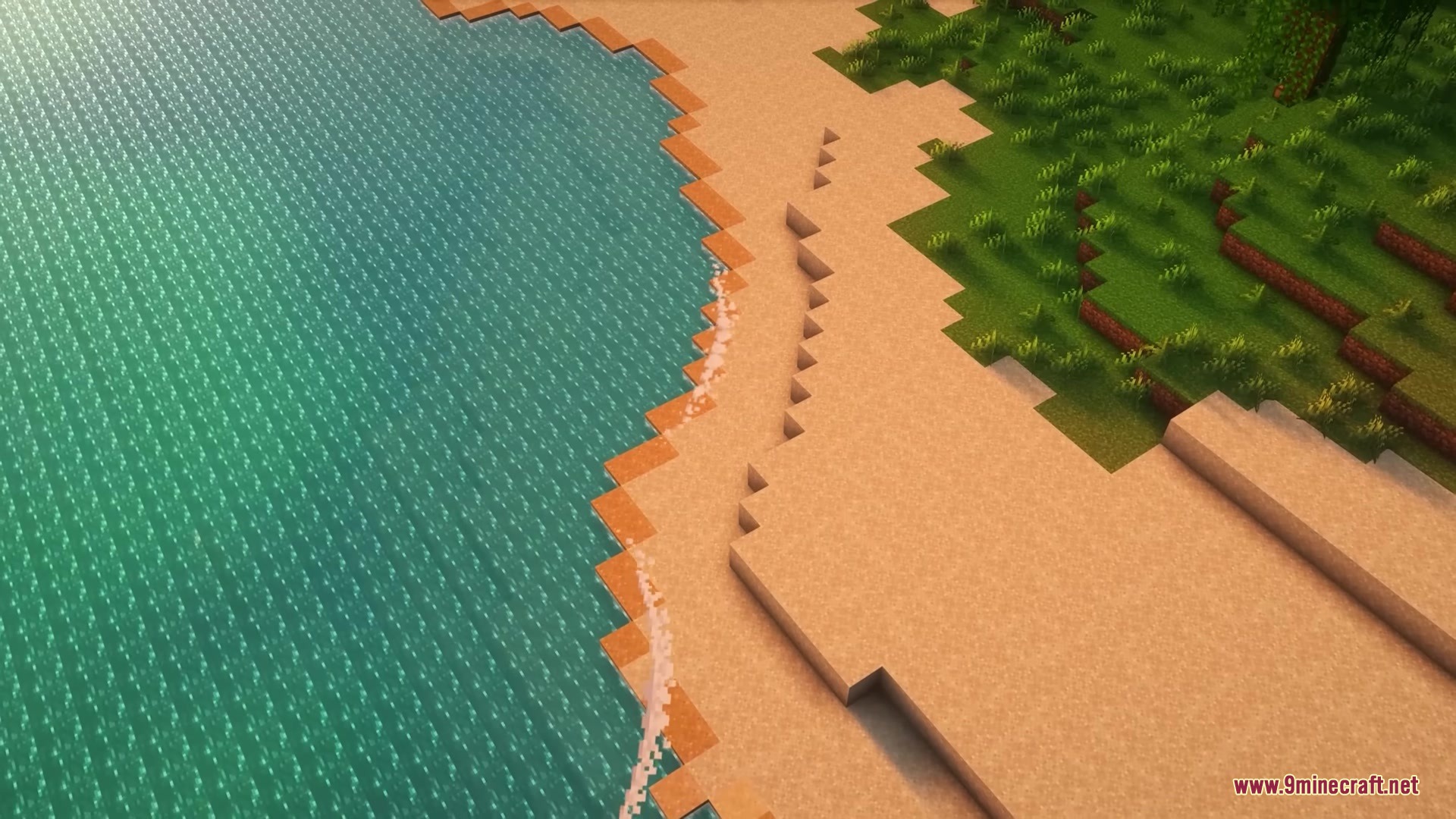 Wet Sand Mod Screenshot 4 Aerial view of a shoreline showing a color gradient of wet sand blocks