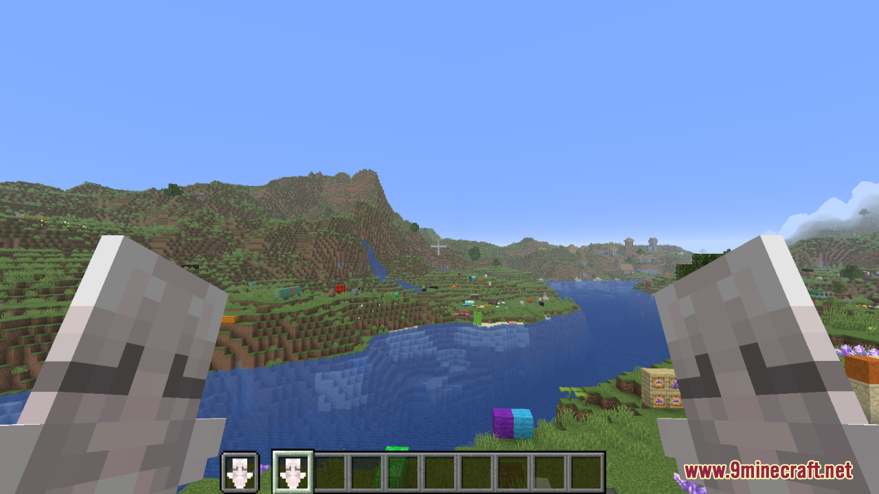 White Girlfriend Totem of Undying Resource Pack Screenshot 3 Player holding two White Girlfriend Totems while looking at a scenic Minecraft landscape