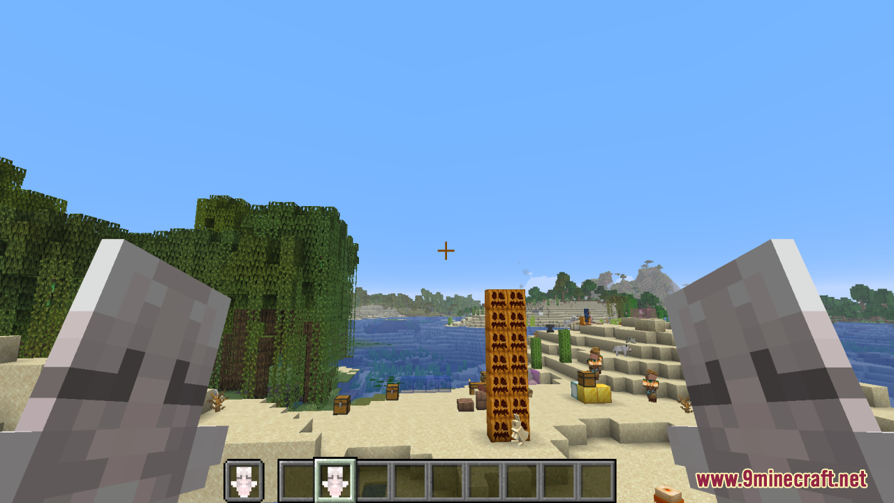 White Girlfriend Totem of Undying Resource Pack Screenshot 5 Player holding custom white girl totems looking at a tall stack of pumpkins