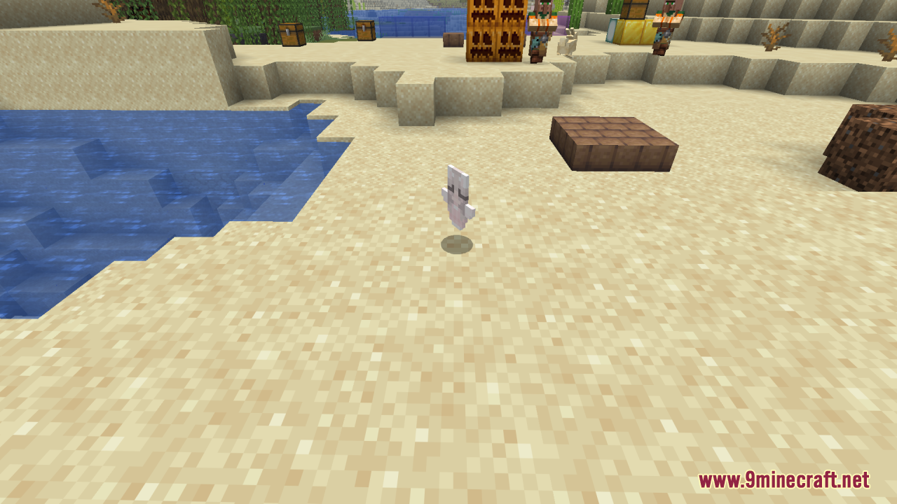 White Girlfriend Totem of Undying Resource Pack Screenshot 7 A white character totem floating above a sandy beach in a Minecraft world