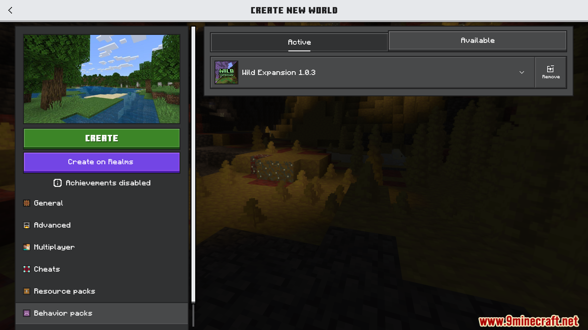 Wild Expansion Addon Screenshot 1 Minecraft create new world menu showing the Wild Expansion behavior pack active