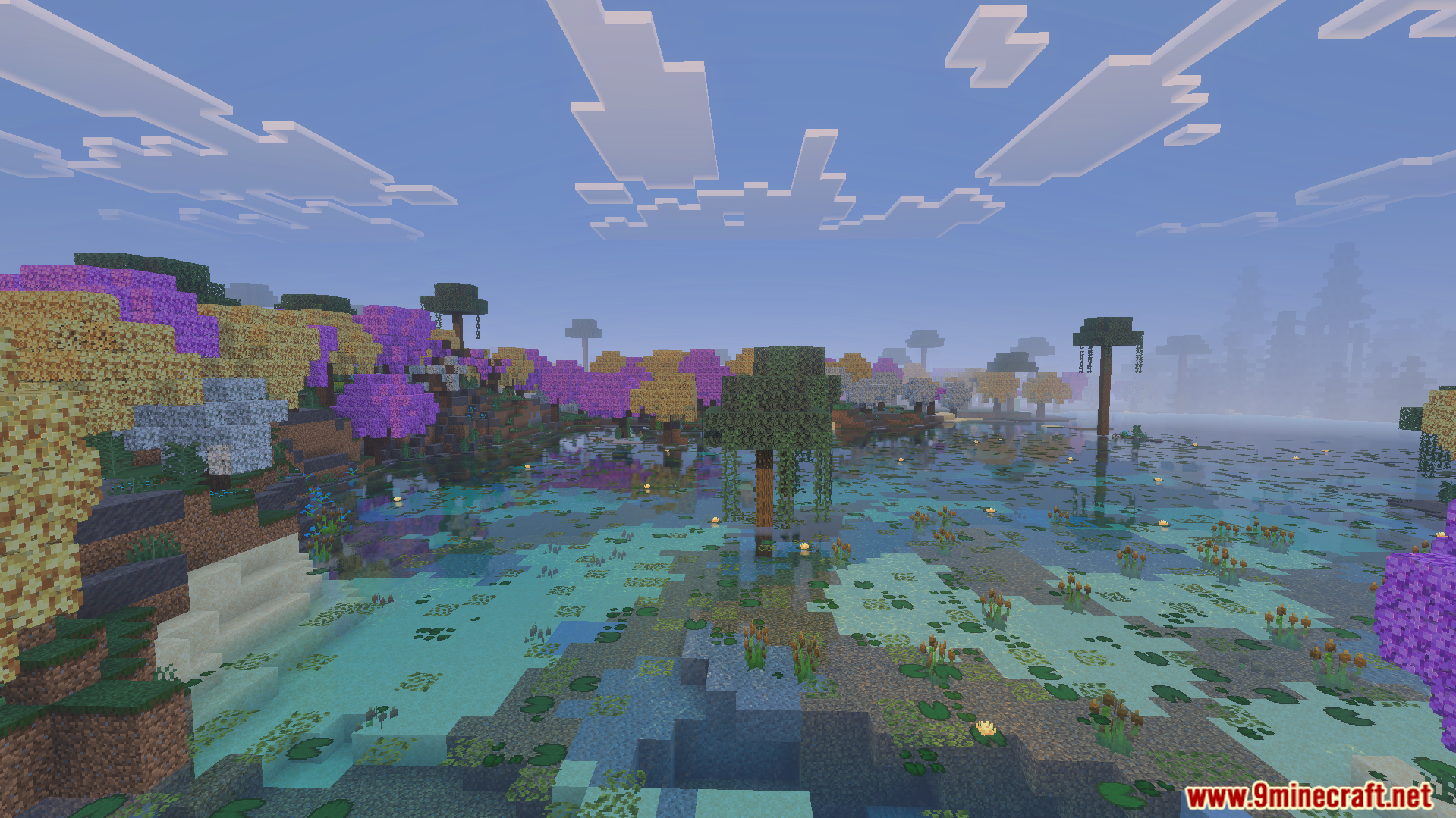 Wild Expansion Addon Screenshot 4 Wide view of a revamped swamp biome with colorful trees and water moss