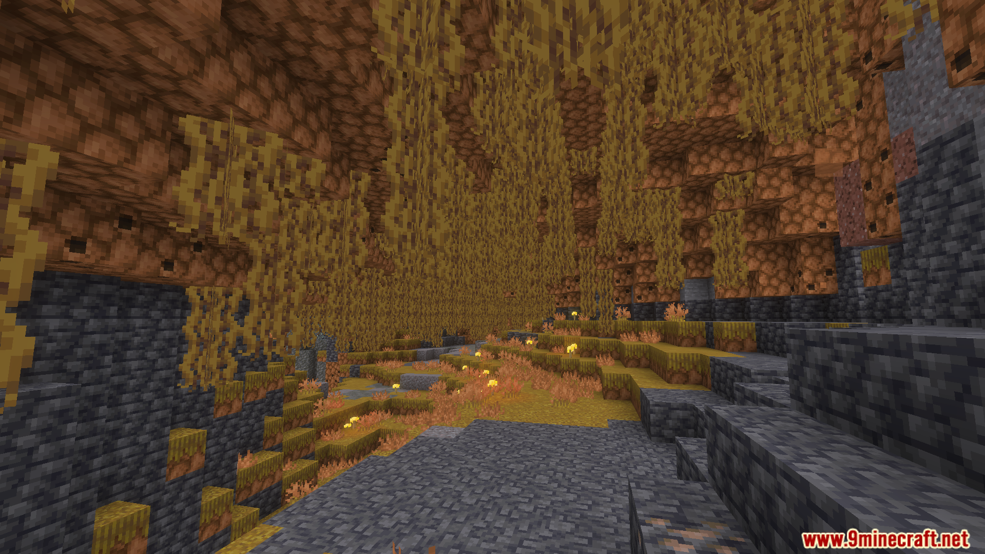 Wild Expansion Addon Screenshot 6 Lush cave biome in Wild Expansion with hanging vines and orange plants