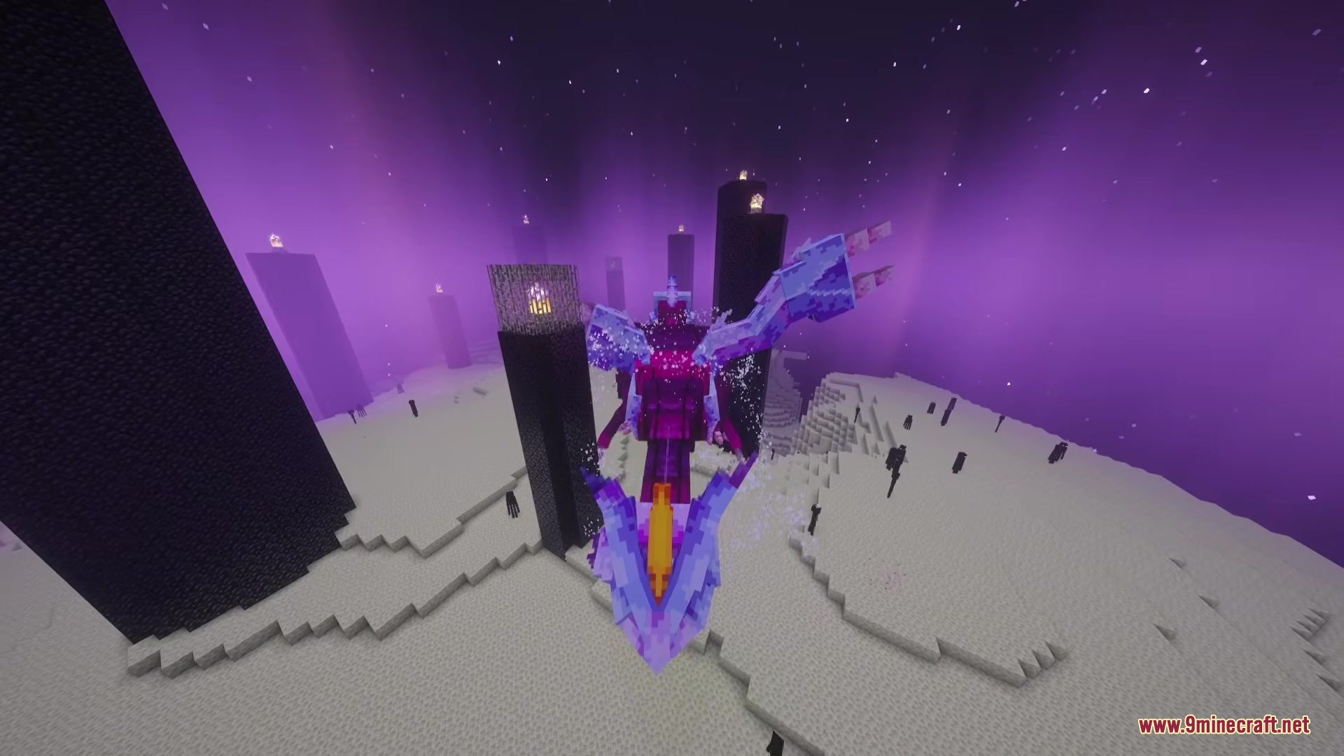 Wing Kirin Dragon Survival Addon Mod Screenshot 1 A purple mythical dragon flying over the obsidian towers in the End dimension