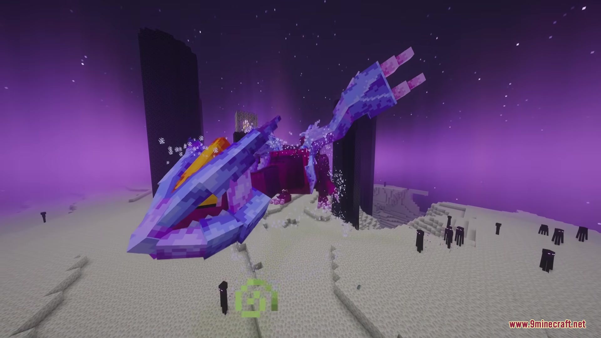 Wing Kirin Dragon Survival Addon Mod Screenshot 2 The Wing Kirin creature glides through the air above a group of Endermen