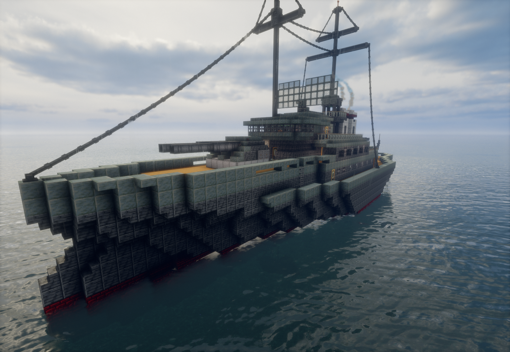 Wip Battleship Schematic Screenshots 1 Detailed view of a battleship bow built with stone blocks on water