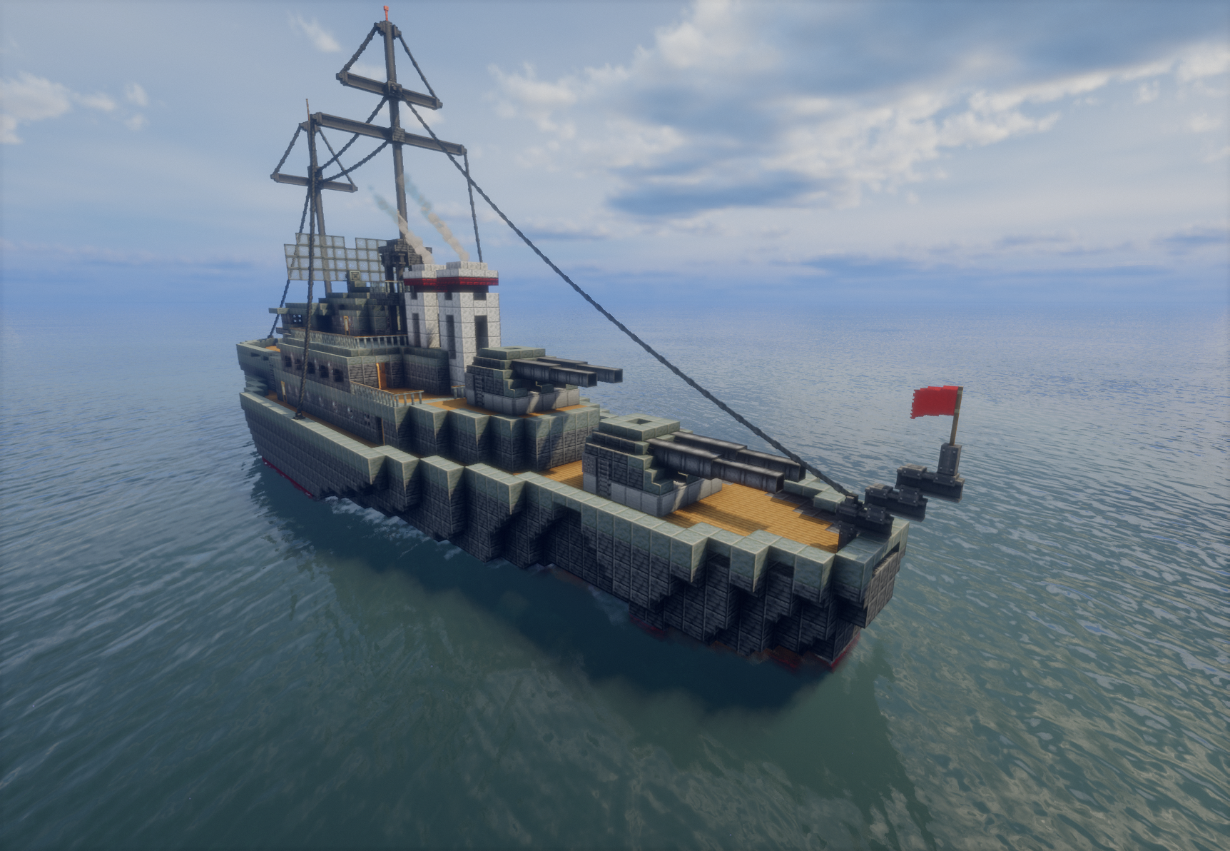 Wip Battleship Schematic Screenshots 2 Rear view of a large Minecraft battleship with cannons and tall masts