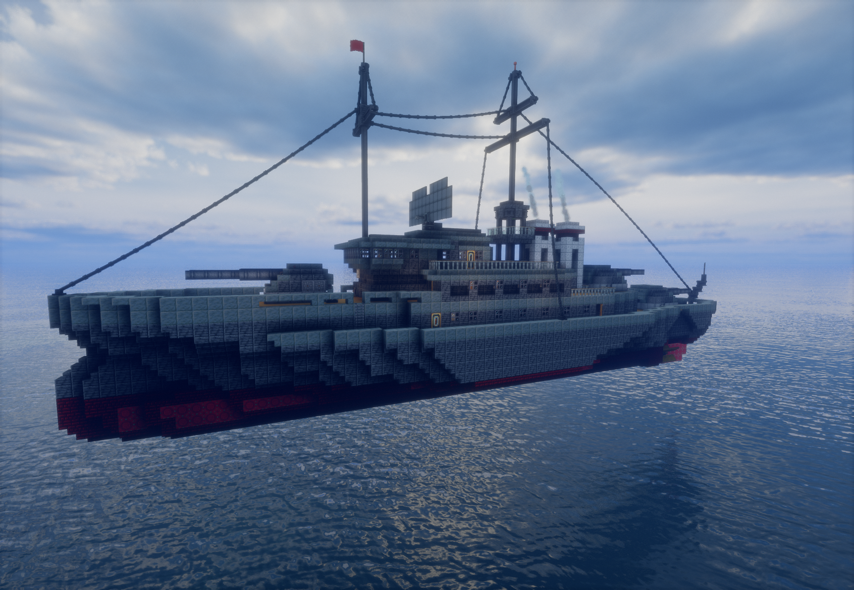 Wip Battleship Schematic Screenshots 3 Side view of a massive gray warship hovering above the calm water