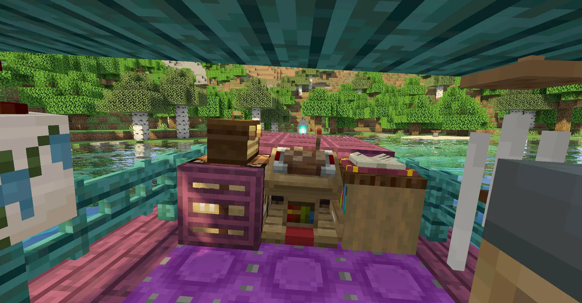 Interior of the Witchy Ship Schematic with a purple rug and crafting blocks