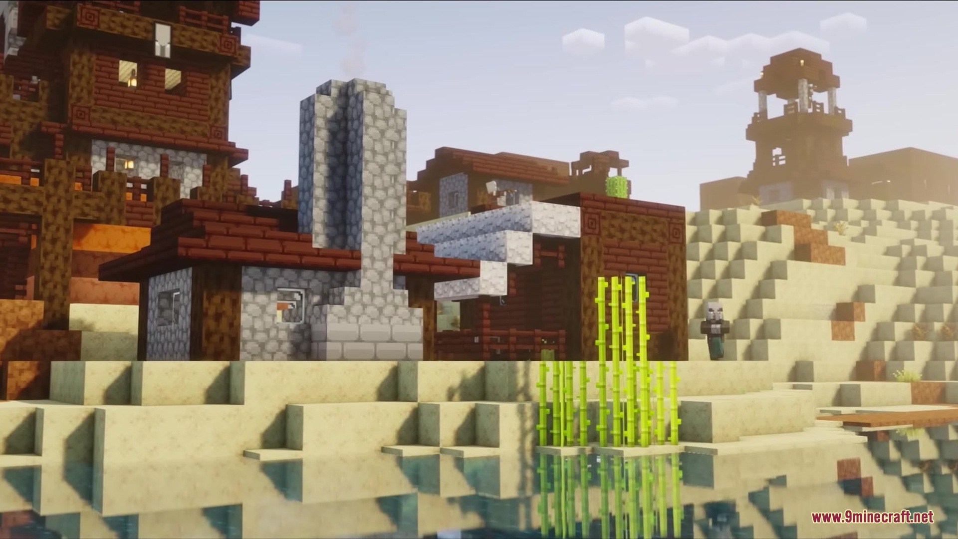 Wither Boss Summoning Animation Resource Pack Screenshot 1 A small stone house with a tall chimney sits near a river bank