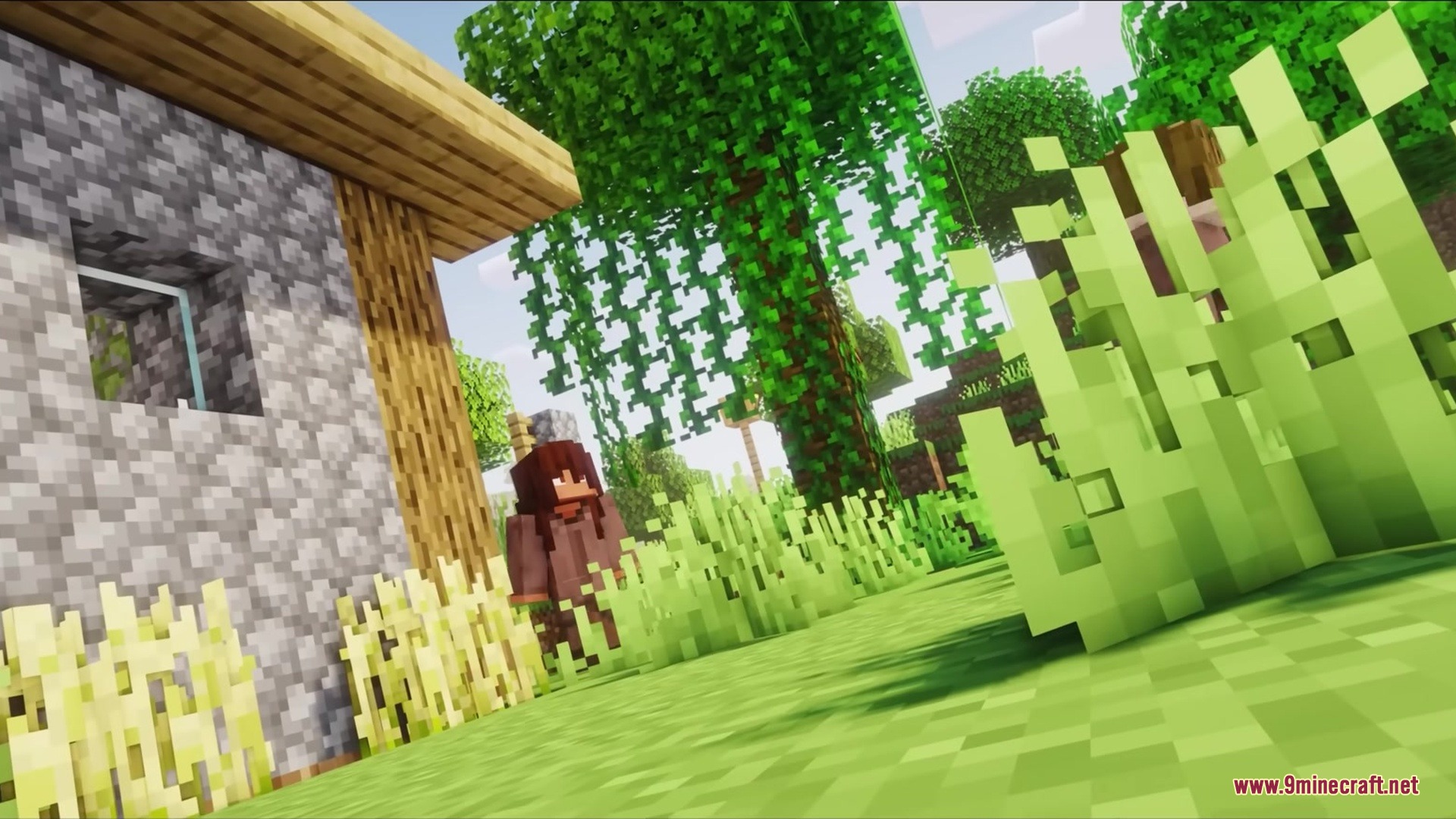 Wither Boss Summoning Animation Resource Pack Screenshot 10 A player in brown robes standing near a cobblestone house and tall grass