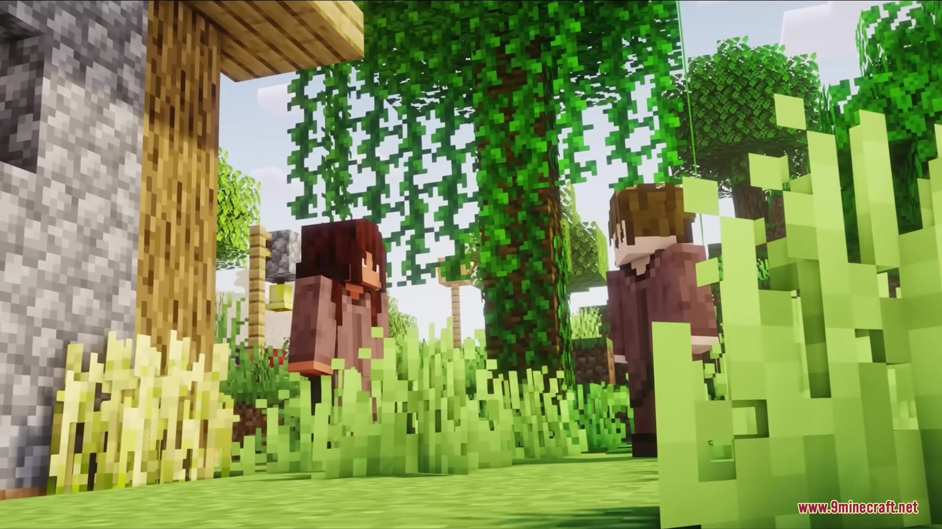 Wither Boss Summoning Animation Resource Pack Screenshot 11 Two Minecraft characters standing in a lush forest near a stone building