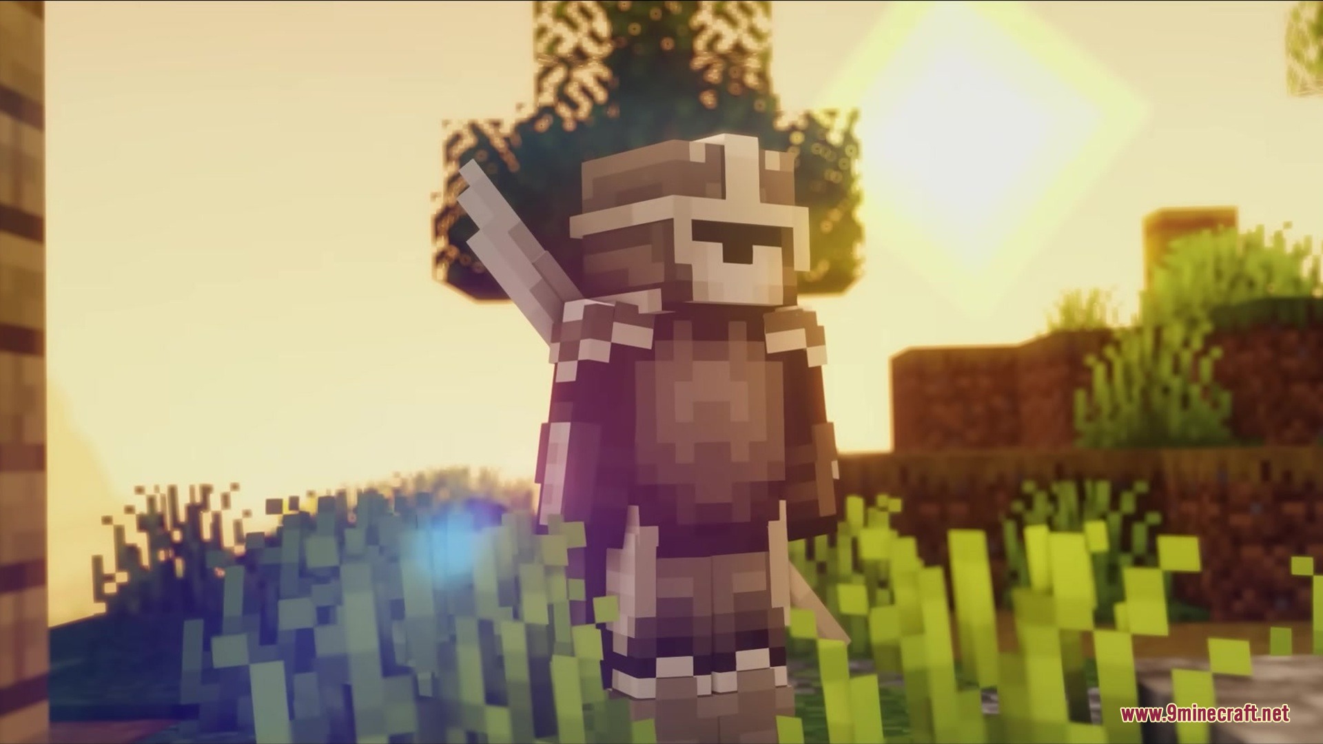 Wither Boss Summoning Animation Resource Pack Screenshot 13 A knight in dark armor stands in a grassy field during a warm sunset