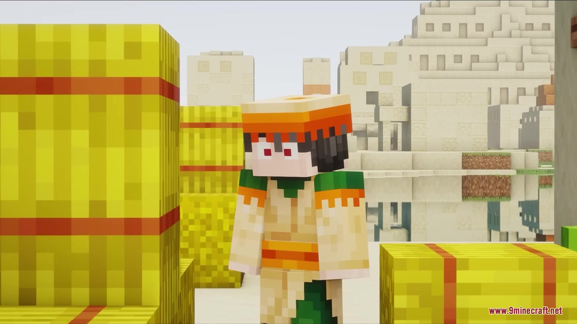 Wither Boss Summoning Animation Resource Pack Screenshot 2 A Minecraft player character wearing colorful robes stands next to yellow hay bales