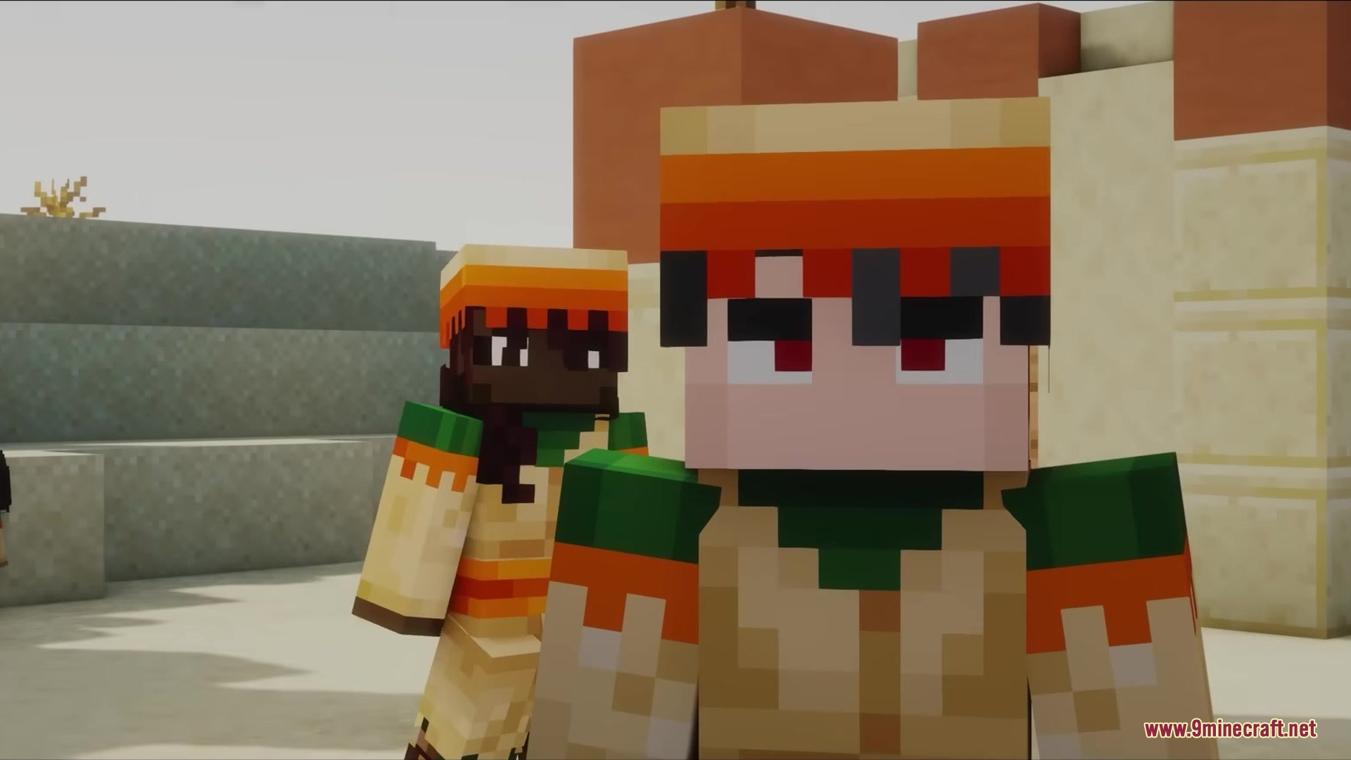Wither Boss Summoning Animation Resource Pack Screenshot 3 Two Minecraft characters with orange headbands standing in a desert landscape