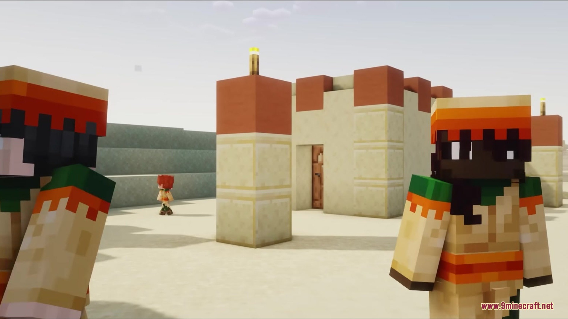 Wither Boss Summoning Animation Resource Pack Screenshot 4 Minecraft characters exploring a desert village with small sandstone buildings