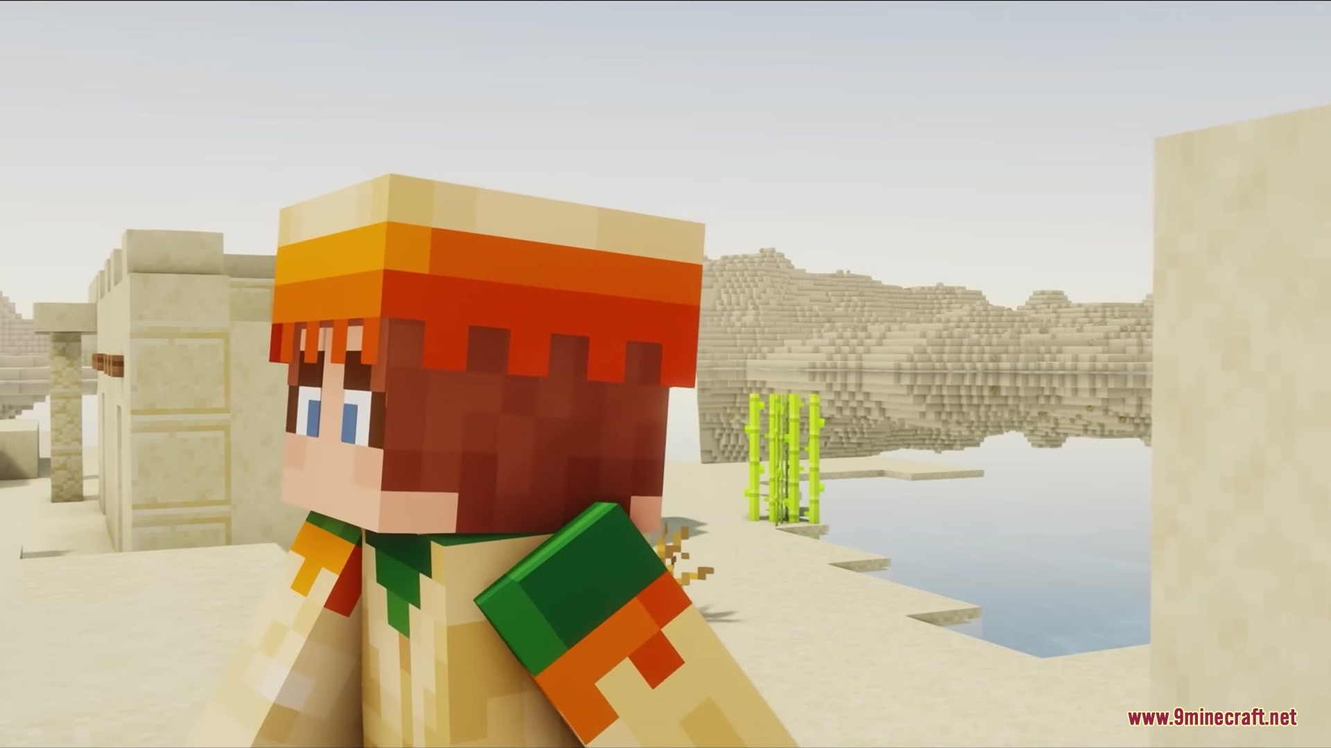 Wither Boss Summoning Animation Resource Pack Screenshot 5 A Minecraft character in desert clothing stands near a village and water