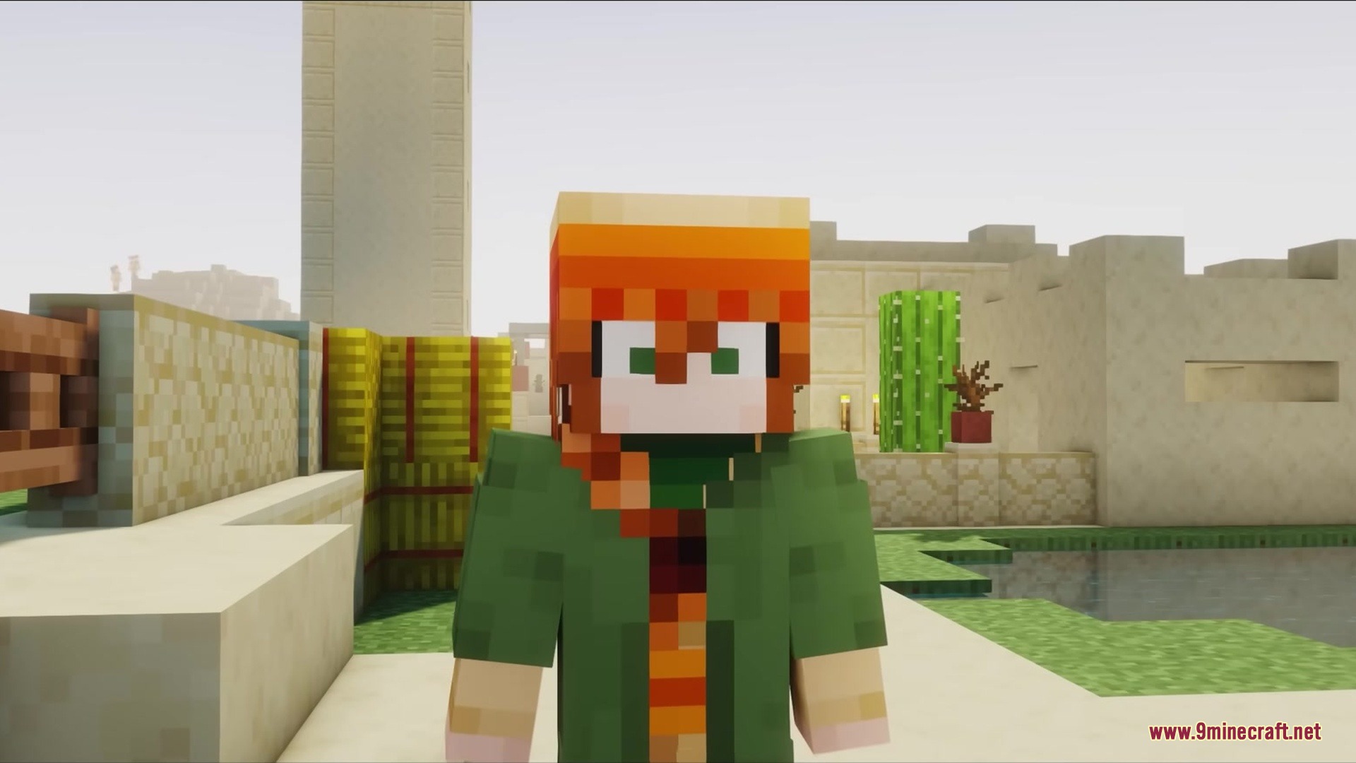 Wither Boss Summoning Animation Resource Pack Screenshot 7 A Minecraft character with orange hair stands in a sunny desert village