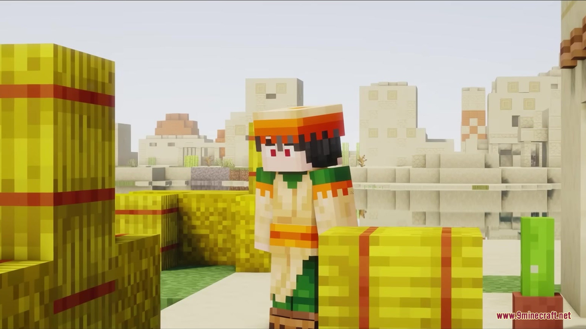 Wither Boss Summoning Animation Resource Pack Screenshot 8 A Minecraft character stands near hay bales in a bright desert village