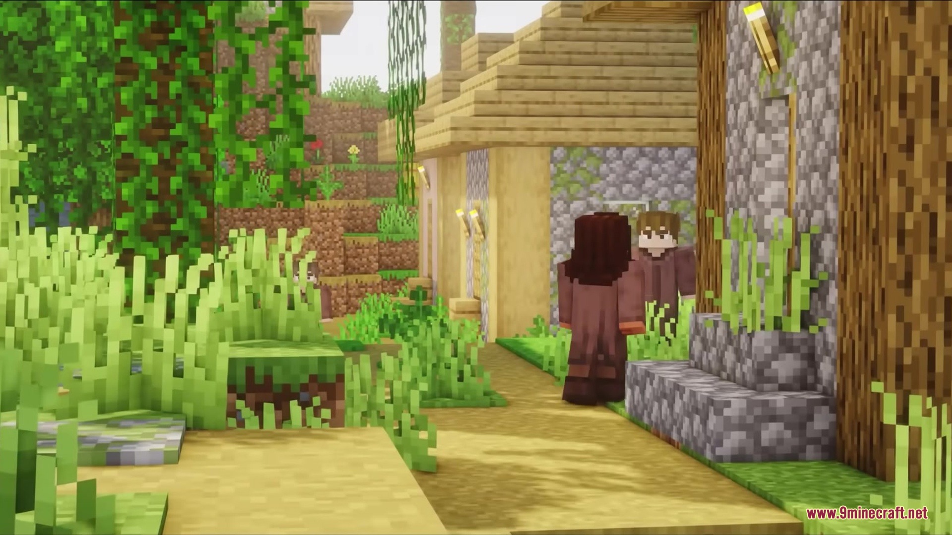 Wither Boss Summoning Animation Resource Pack Screenshot 9 Two players in brown robes standing on a dirt path in a village