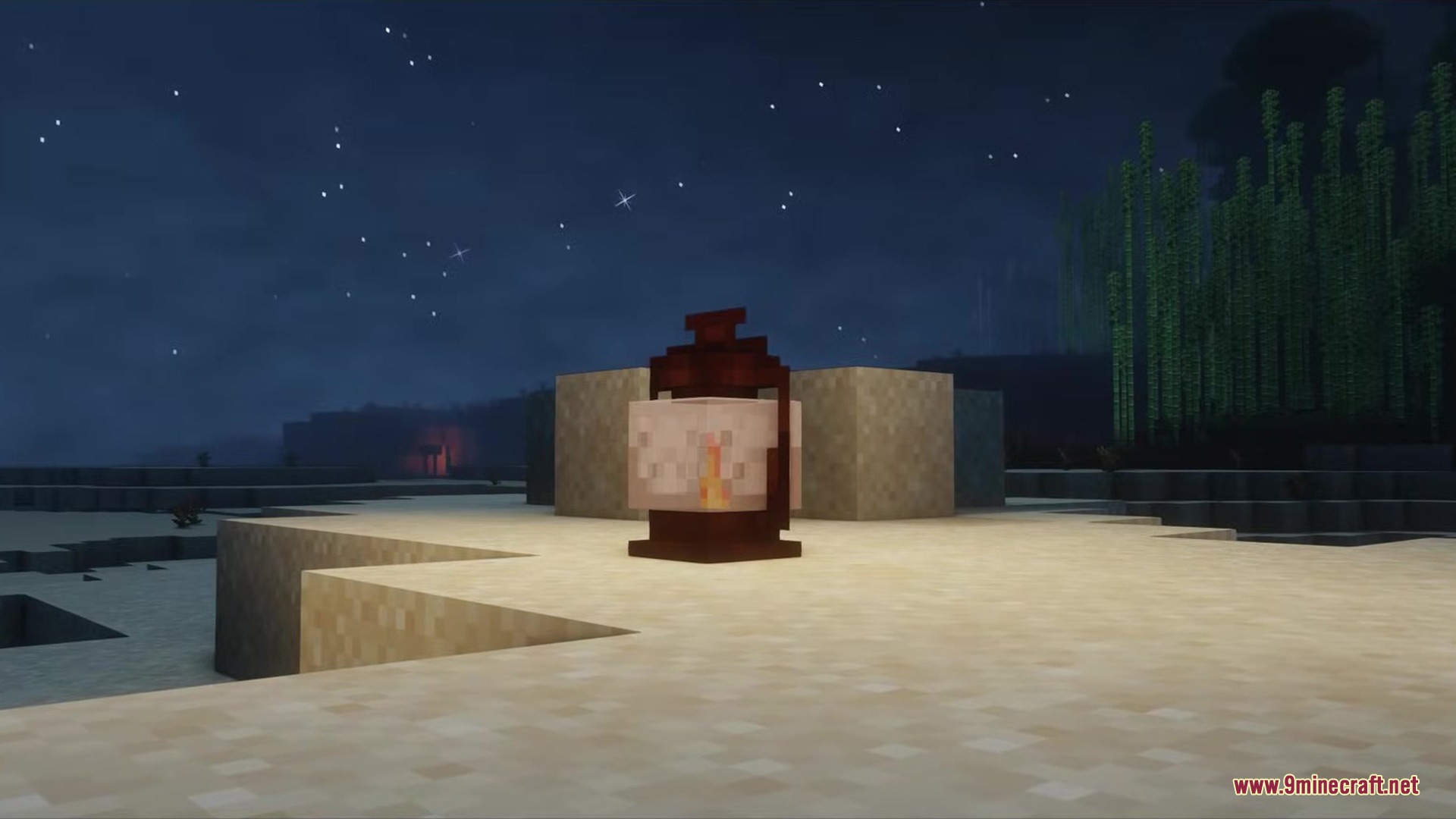 Wonderoussea Mod Screenshot 11 A glowing lantern sits on sand blocks under a starry night sky