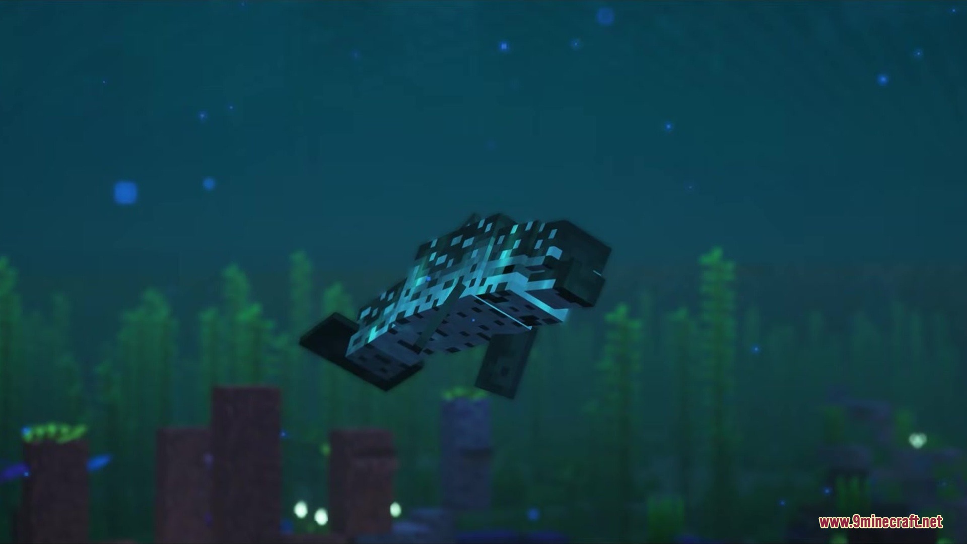 Wonderoussea Mod Screenshot 2 A glowing marine flatworm swims through a dark blue underwater biome