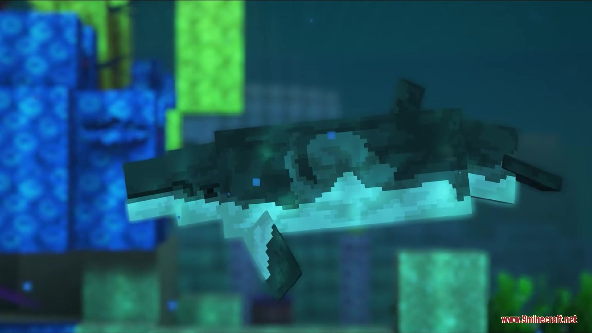 Wonderoussea Mod Screenshot 3 A large dark whale with a glowing blue belly swims in the ocean