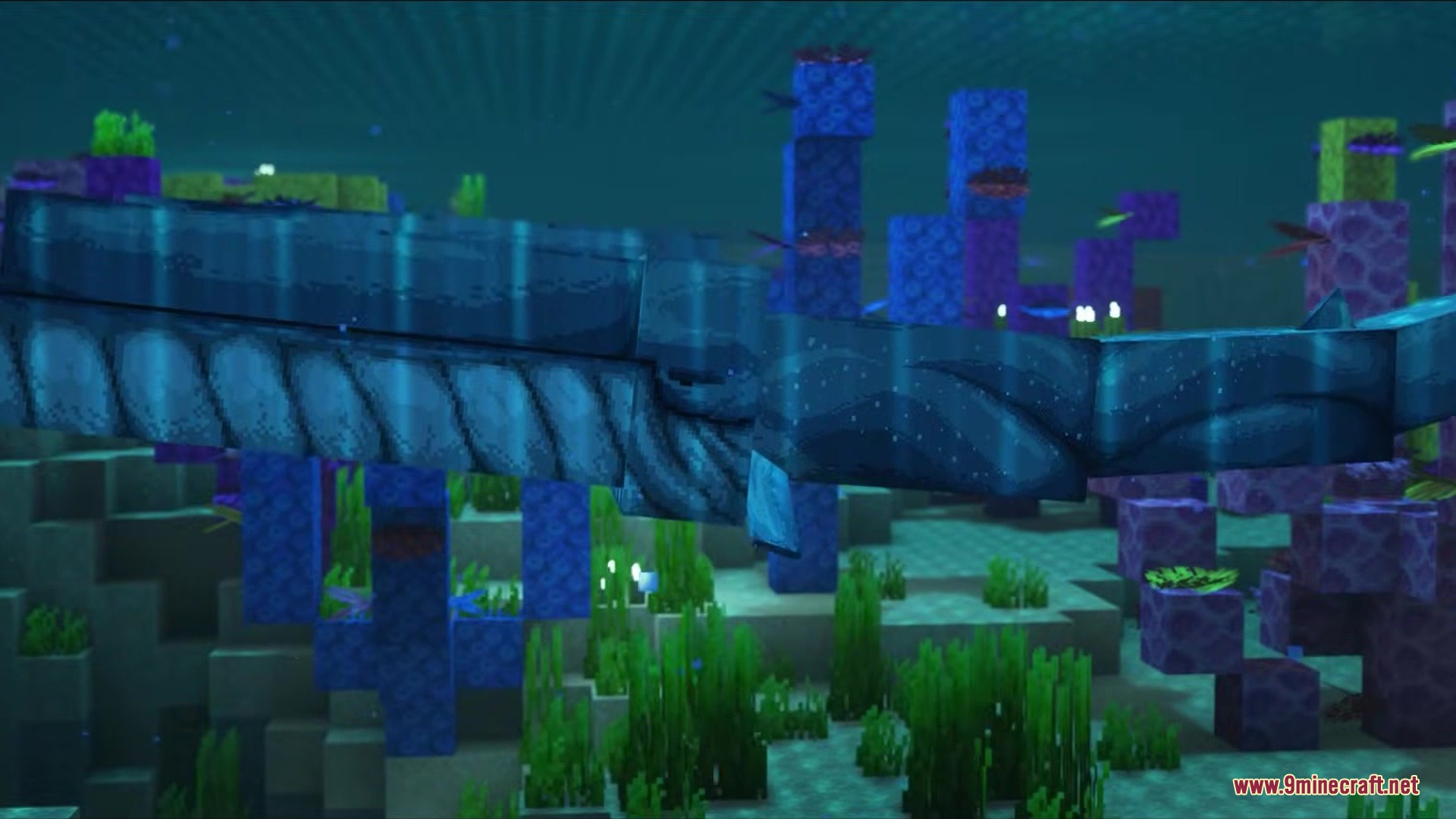Wonderoussea Mod Screenshot 5 A large dark blue whale swimming through a vibrant underwater coral reef