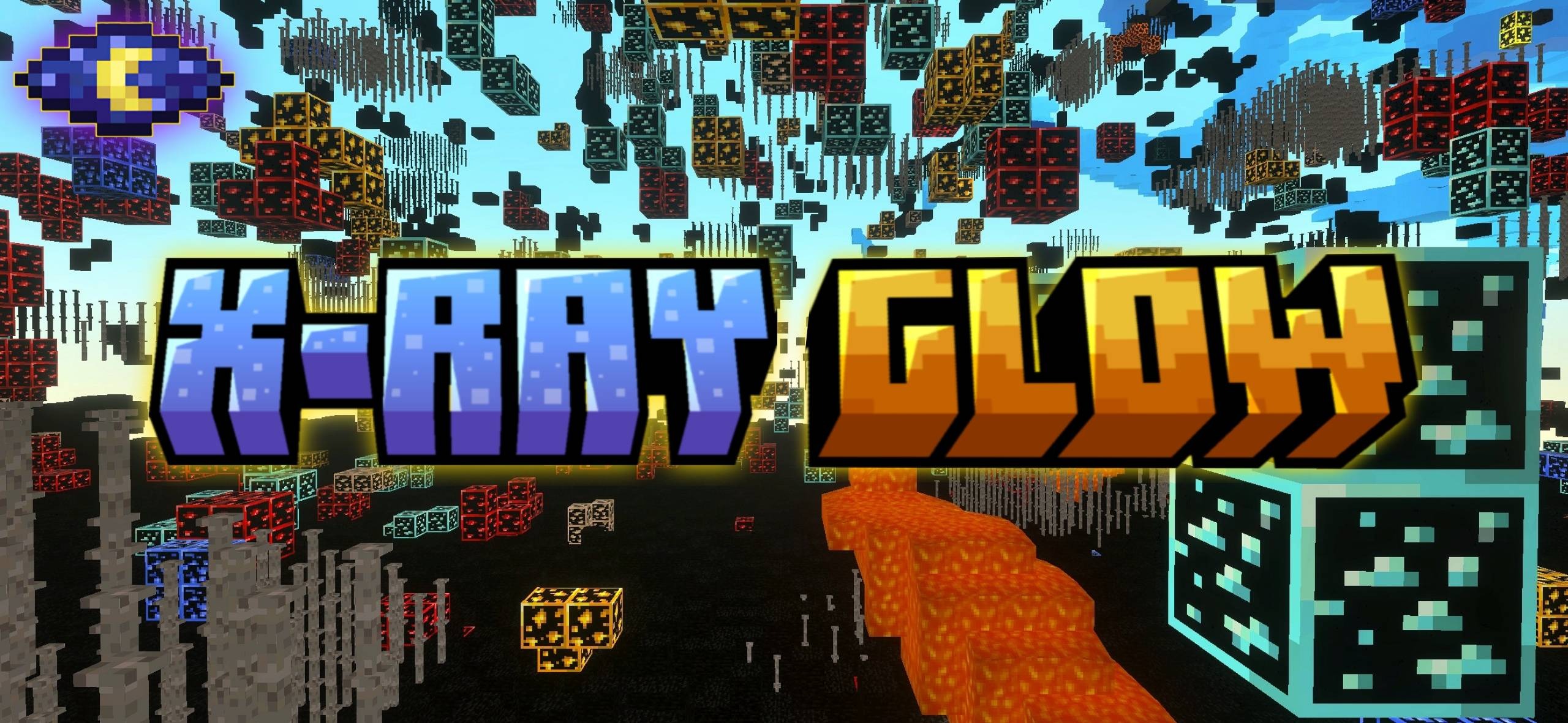 X Ray Glow Xray X Ray Texture Pack Screenshot 1 X Ray Glow title screen showing glowing ore blocks and transparent terrain