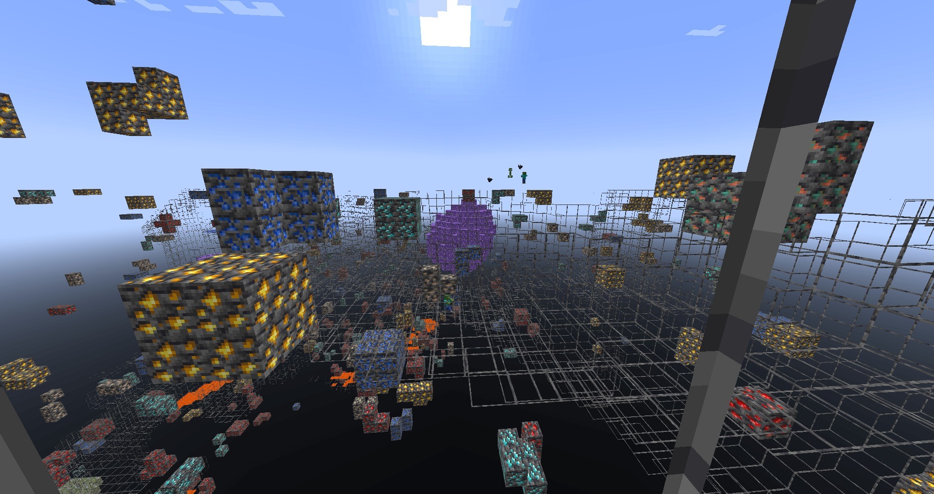 X-Ray Pluss Shader Screenshot 2 Amethyst geodes and diamond ores visible through transparent terrain blocks