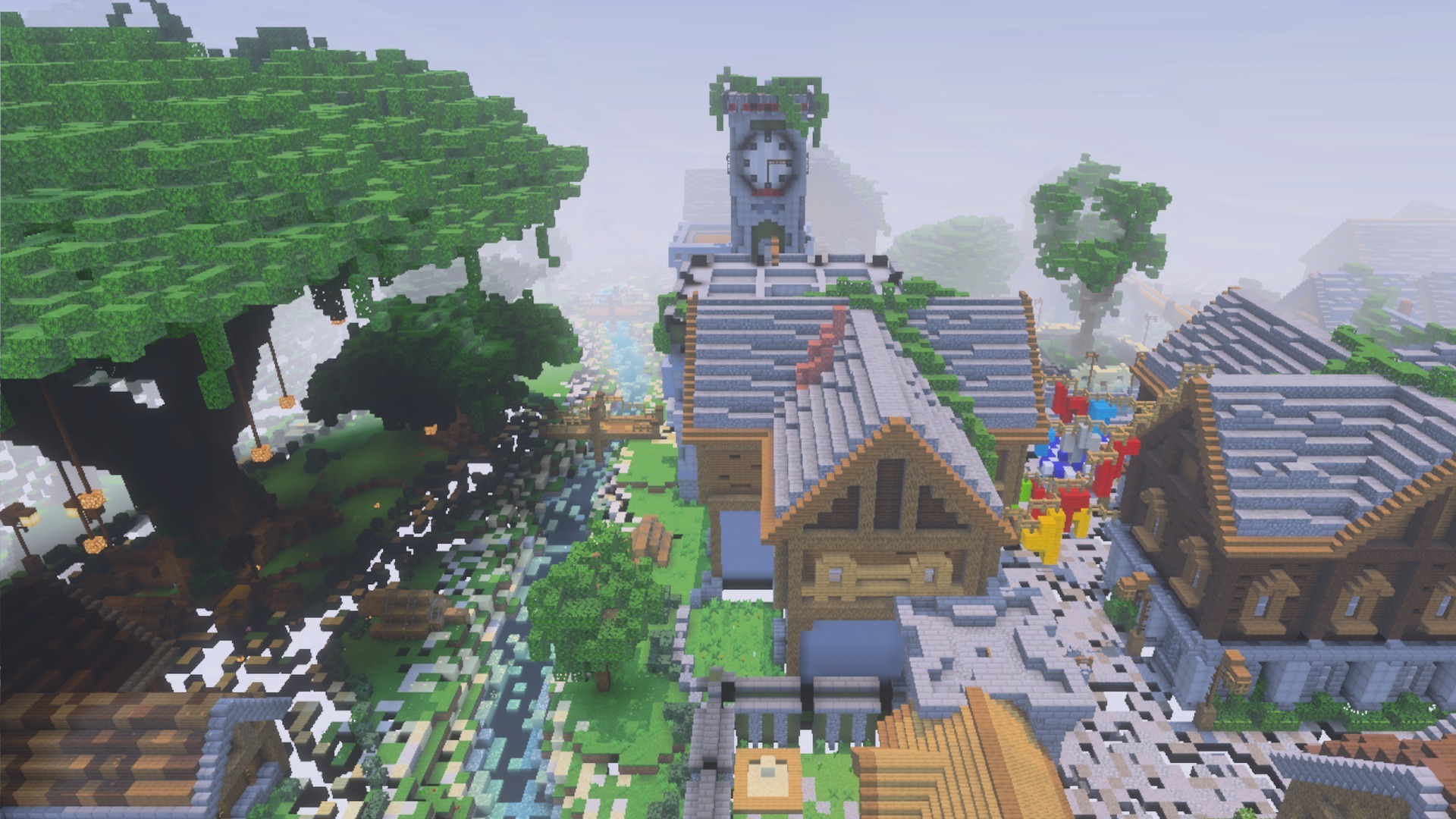 Minecraft village view with transparent ground blocks from the X Ray texture pack
