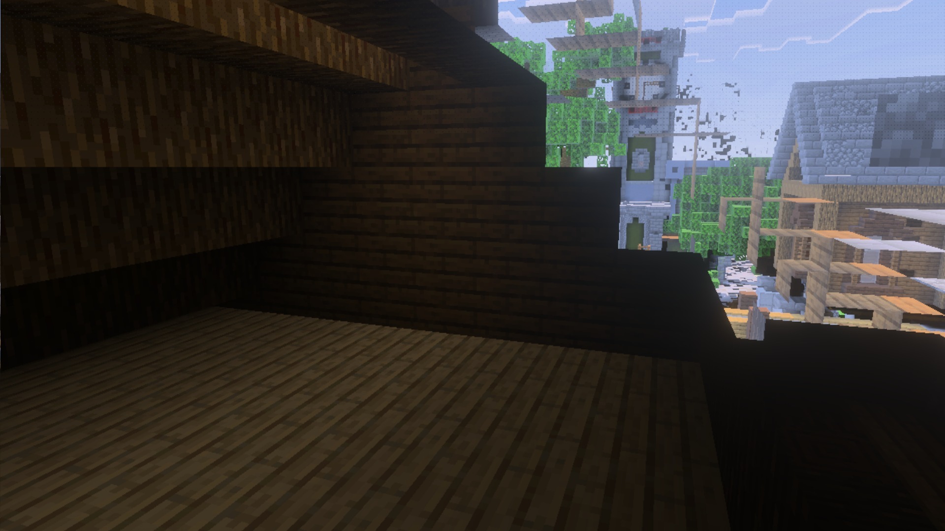 Looking out from a wooden building at a town using X Ray textures