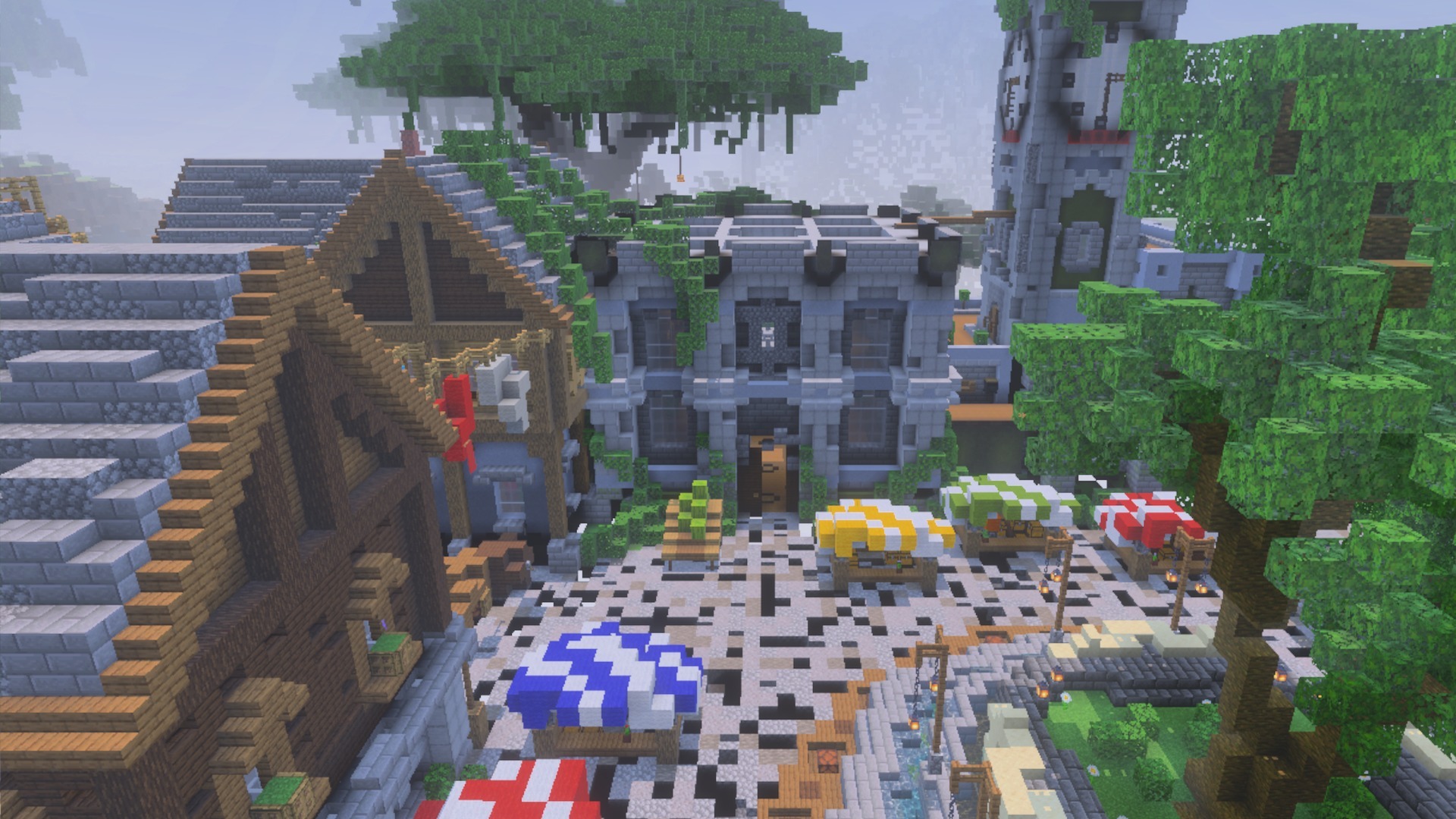 Town square with colorful market stalls and stone buildings in Minecraft world