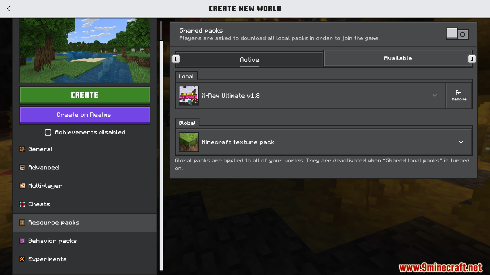 XRay Ultimate Outlined Ores Texture Pack Screenshot 1 Resource pack settings menu with XRay Ultimate active for a new world