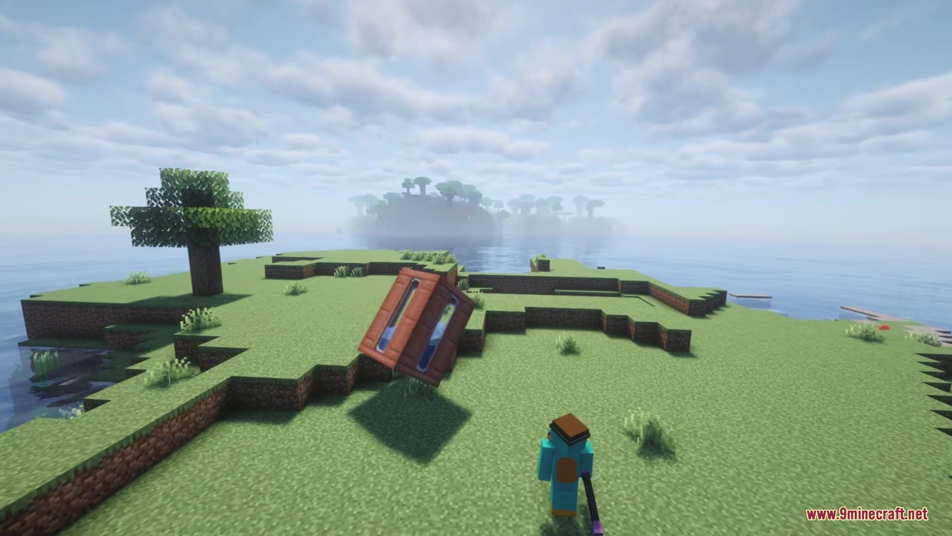 Yet Another Gravestone Mod YAGM Mod Screenshot 1 A player character looks at a floating gravestone block on a grassy island