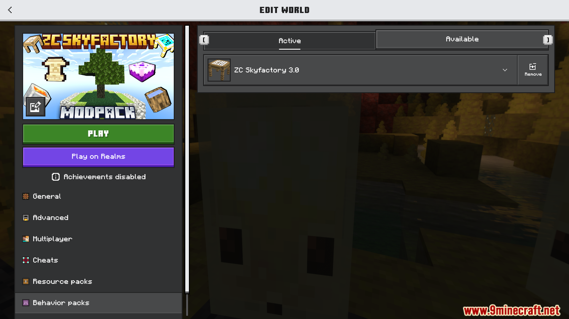 ZC Skyfactory Addon Screenshot 1 Menu screen showing the ZC Skyfactory behavior pack active for a world
