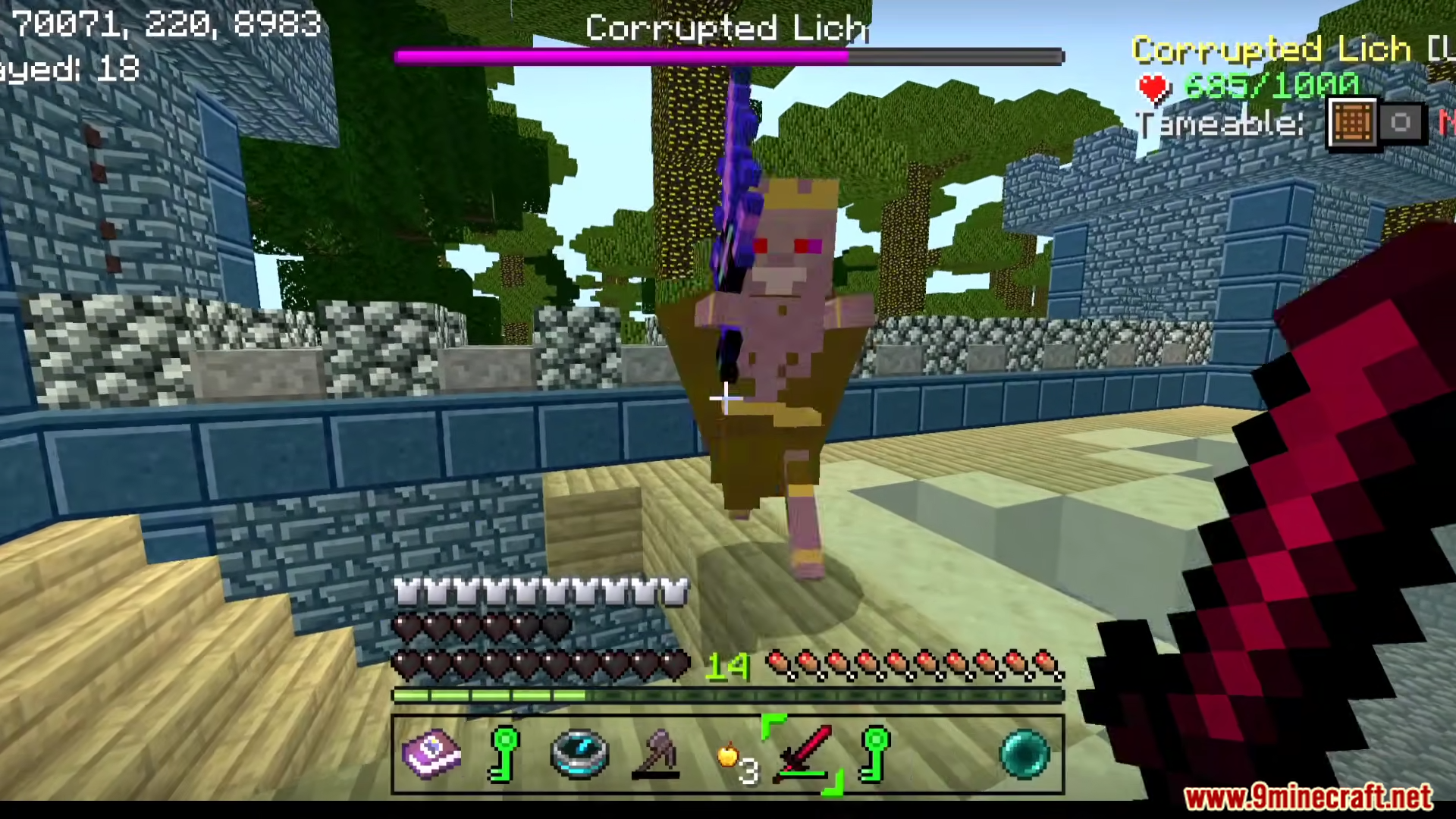 ZC Skyfactory Addon Screenshot 10 The player fights a Corrupted Lich boss using a powerful custom red sword