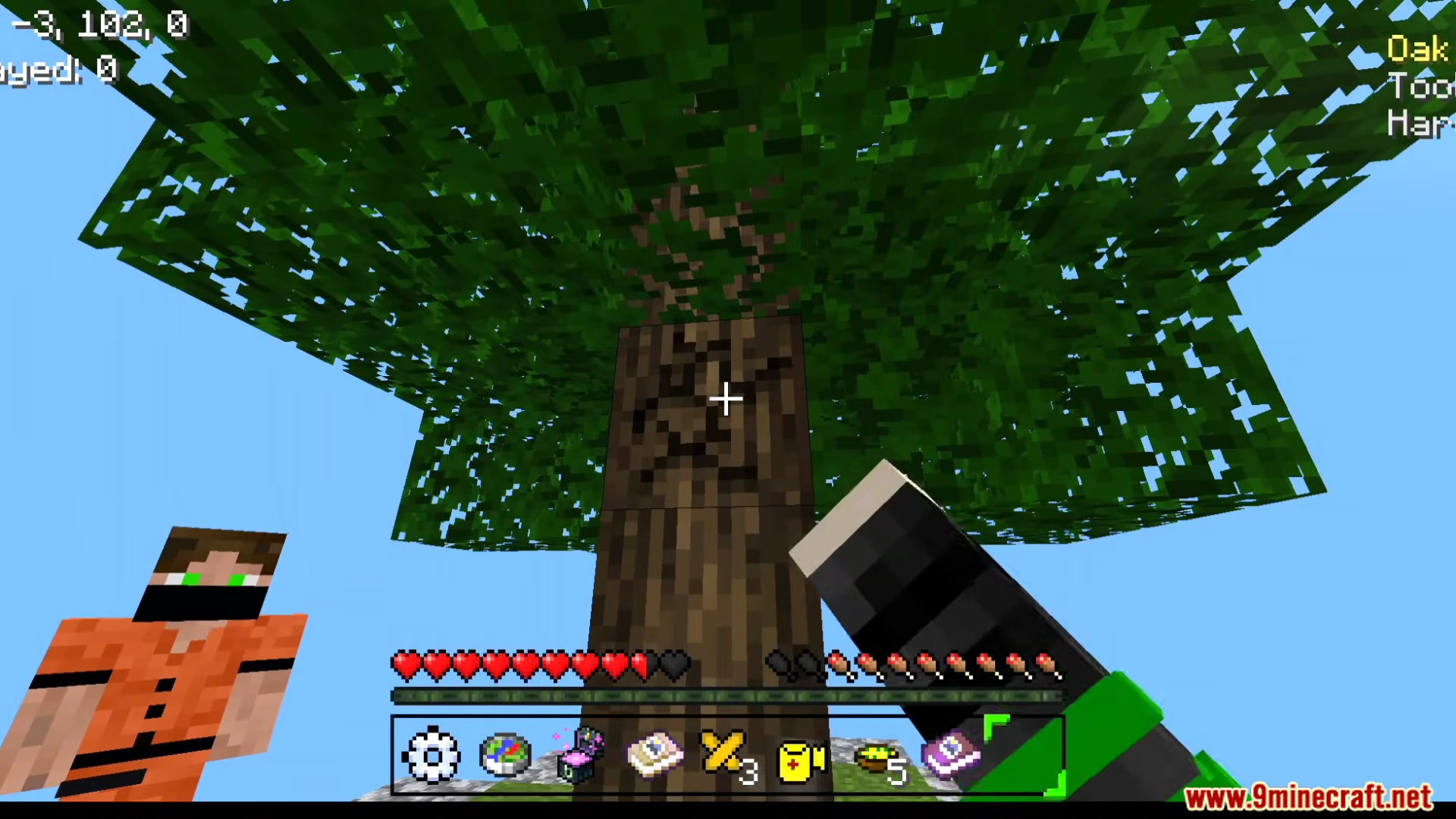 ZC Skyfactory Addon Screenshot 2 Player harvesting wood on a floating island with custom modded hotbar items