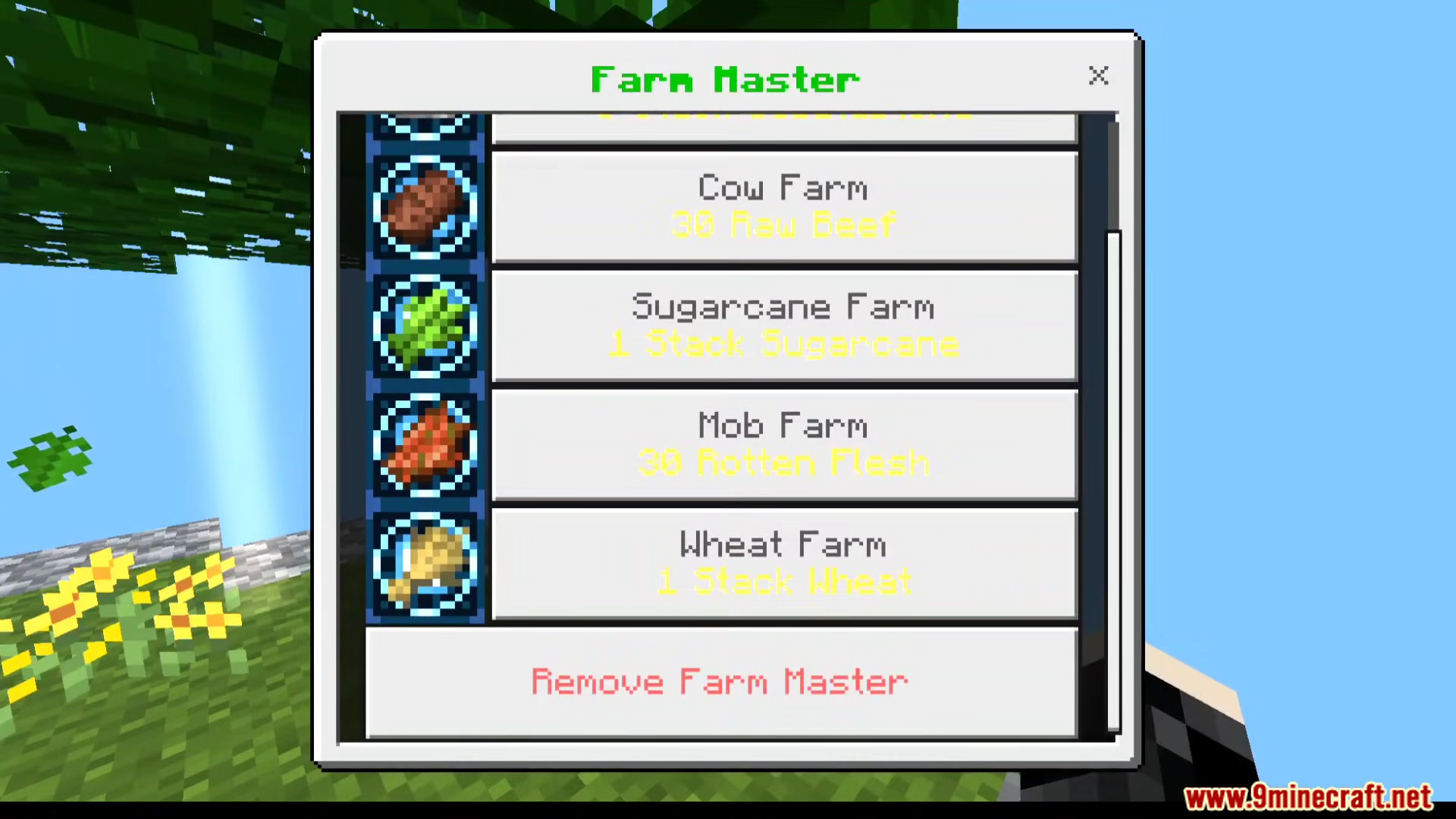ZC Skyfactory Addon Screenshot 4 Farm Master interface providing options to build instant farms for various resources