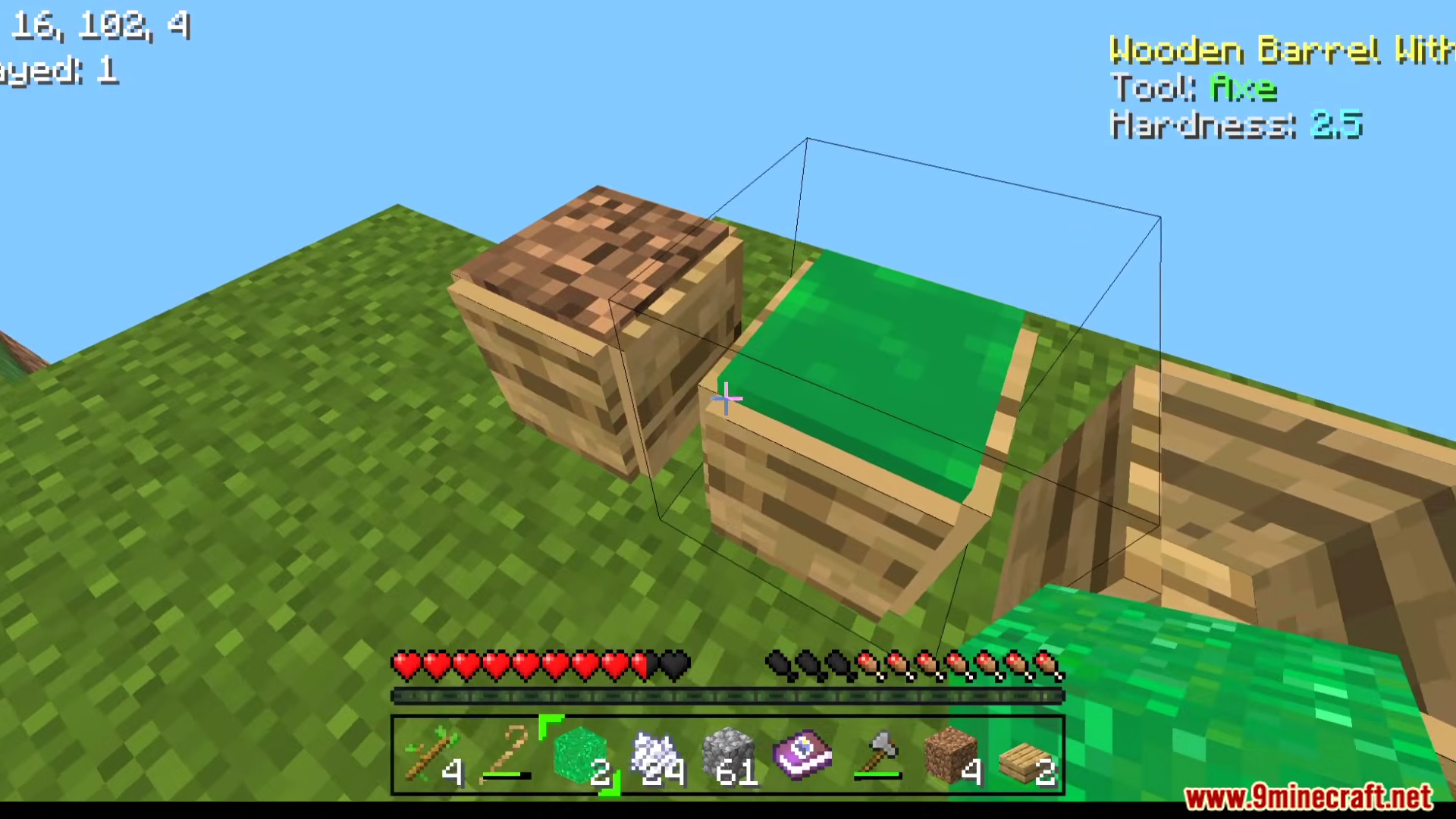 ZC Skyfactory Addon Screenshot 5 Player looking at wooden barrels containing dirt and green liquid in ZC Skyfactory Addon