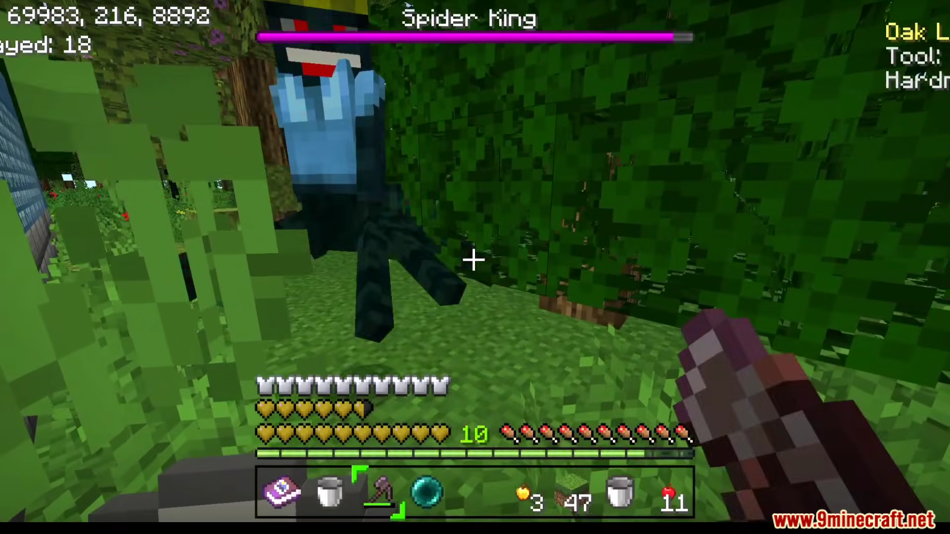 ZC Skyfactory Addon Screenshot 9 A player encounters the Spider King boss while exploring a forest area