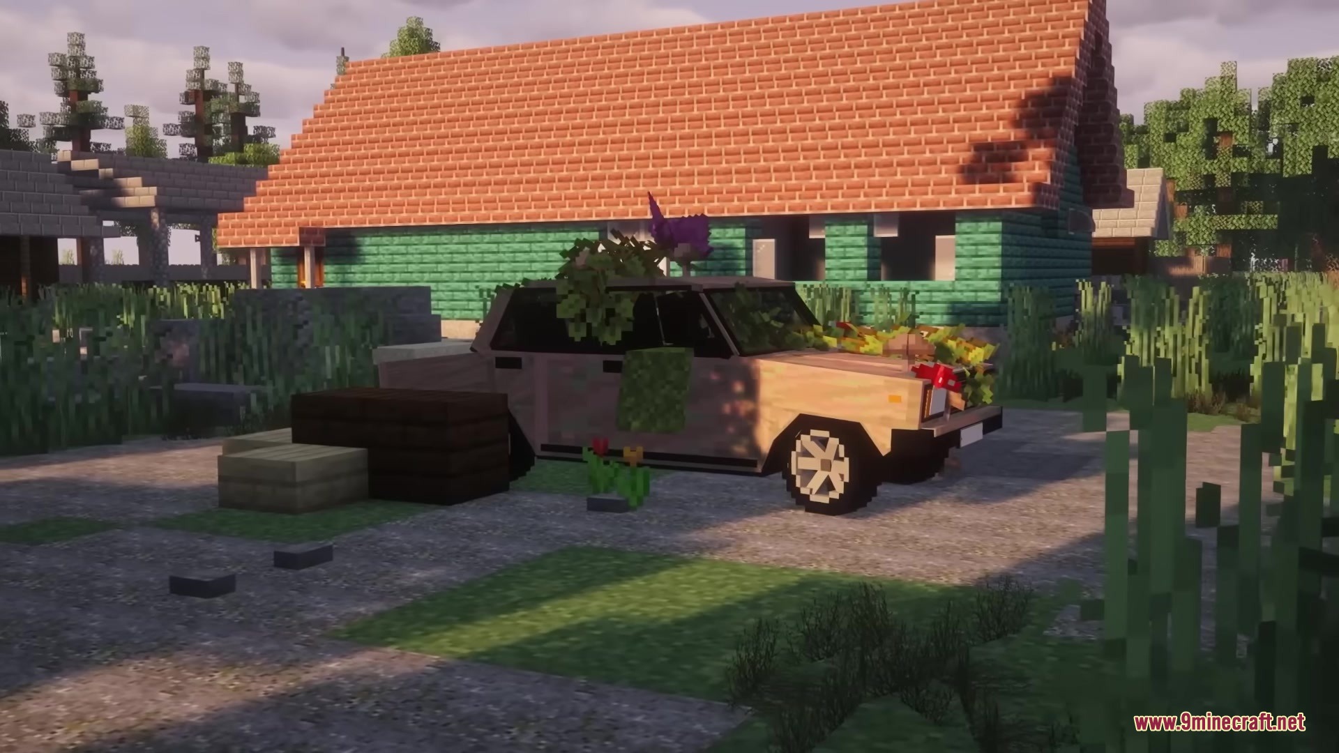 Abandoned car overgrown with vines parked in front of a house