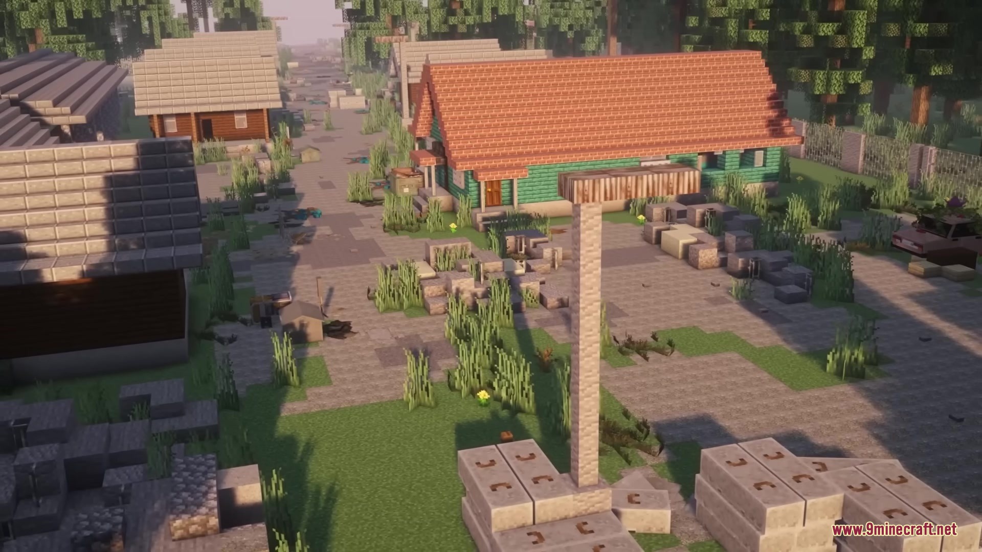 Overgrown street with abandoned houses and stacks of concrete blocks in Minecraft