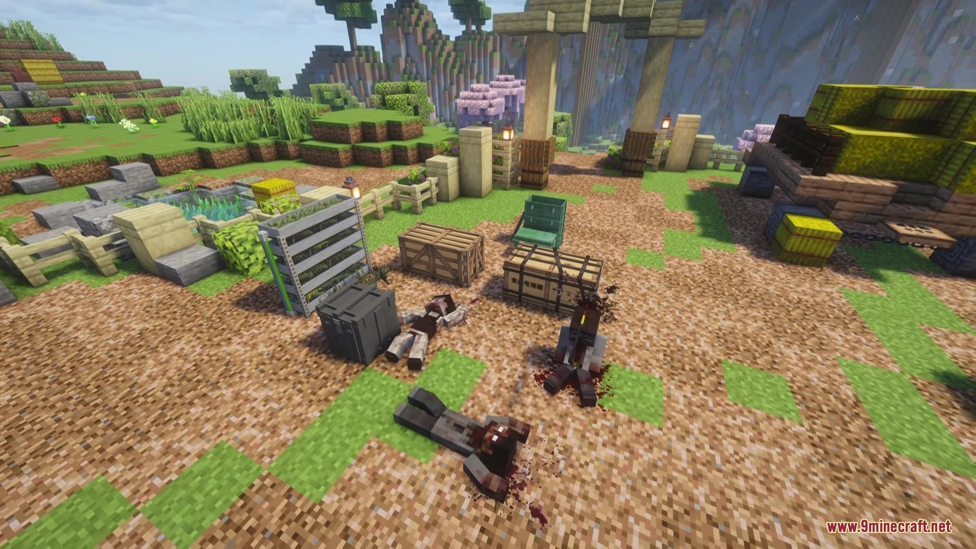 Abandoned military crates and bloody bodies lying on the dirt ground