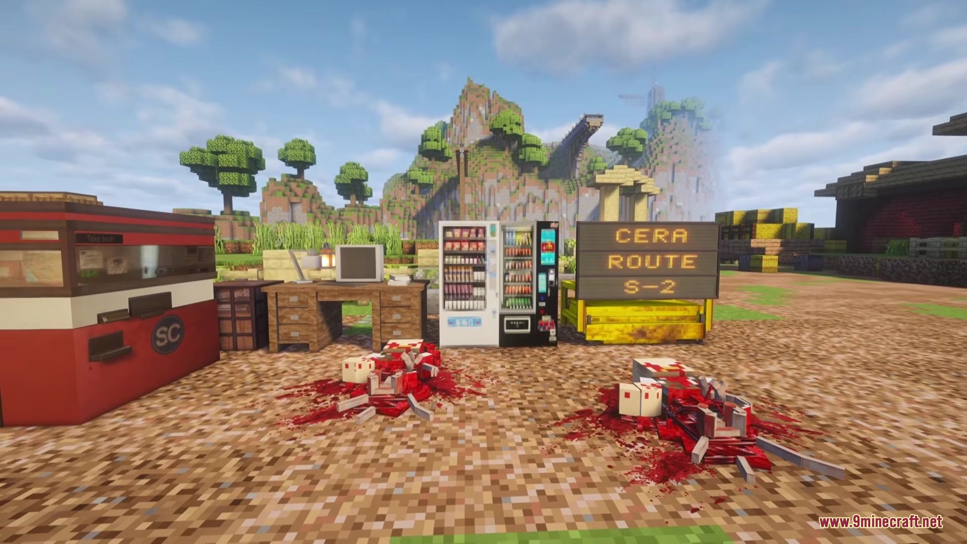 Vending machines and a sign near bloody remains in a ruined city