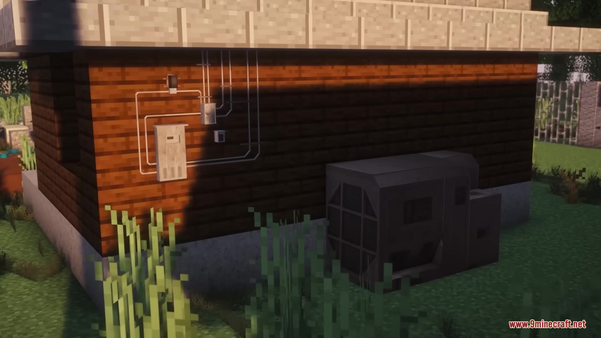 Electrical boxes and an air conditioning unit on a wooden wall