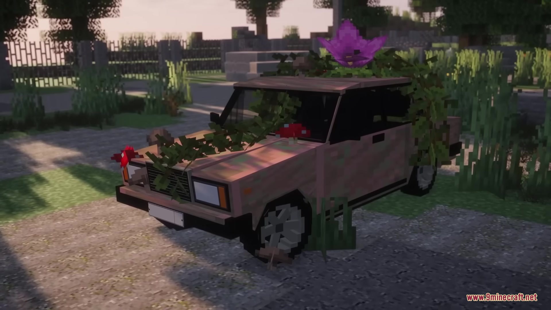 Abandoned car overgrown with vines and flowers in a Minecraft world