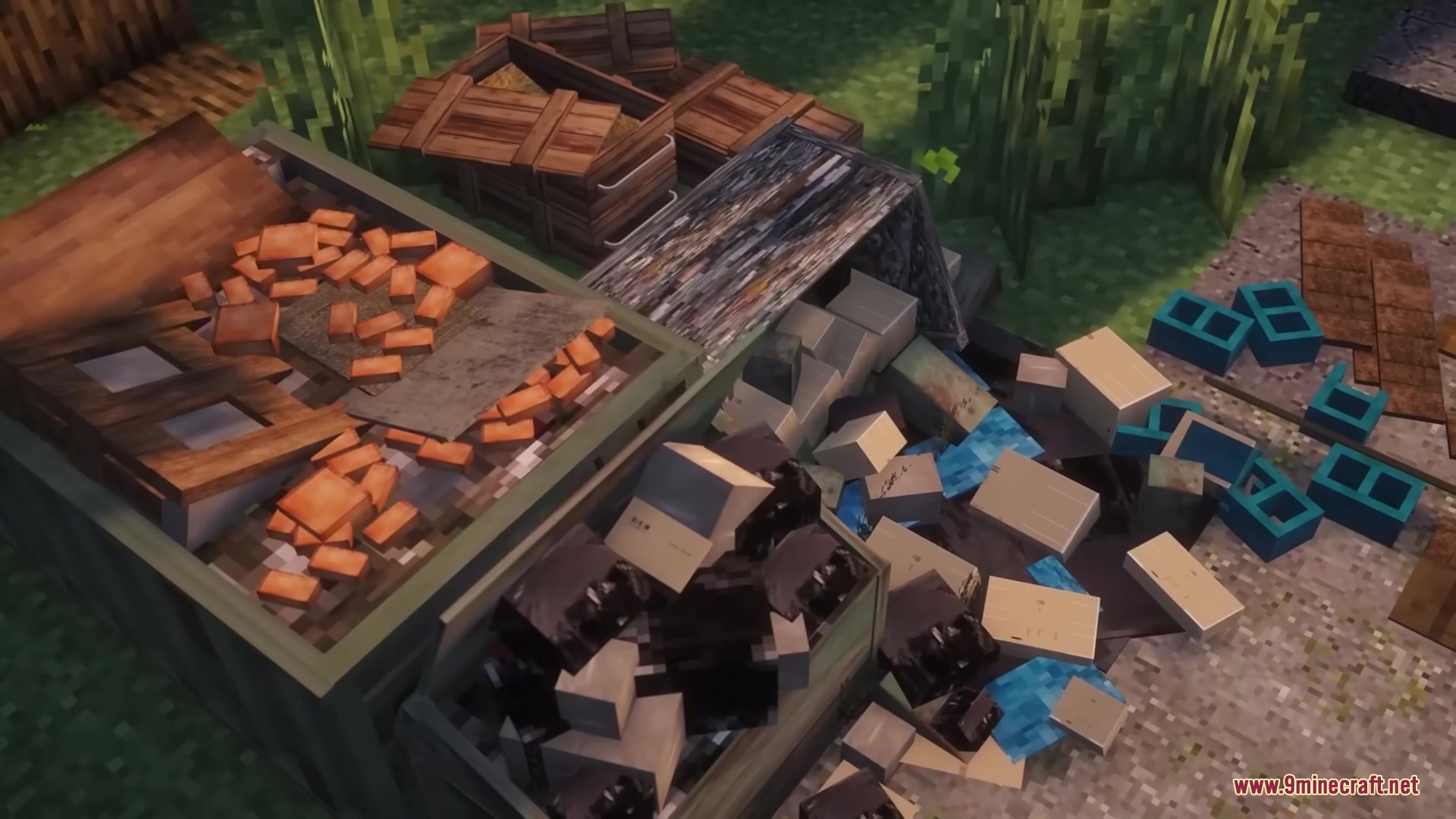 Green dumpsters filled with bricks and old computer monitors in Minecraft